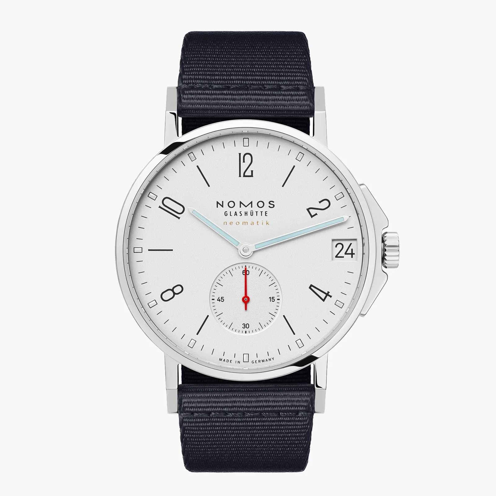 The Nomos Glashütte Ahoi Neomatik 38 Date in White worn on a navy blue textile strap