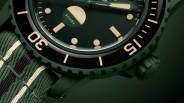 Swatch x Blancpain Bioceramic Scuba Fifty Fathoms Green Abyss Dive Watch closeup