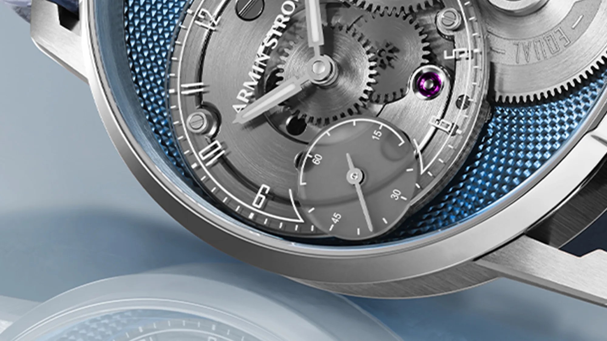 Armin Strom Gravity Equal Force Ultimate Sapphire Blue watch dial closeup