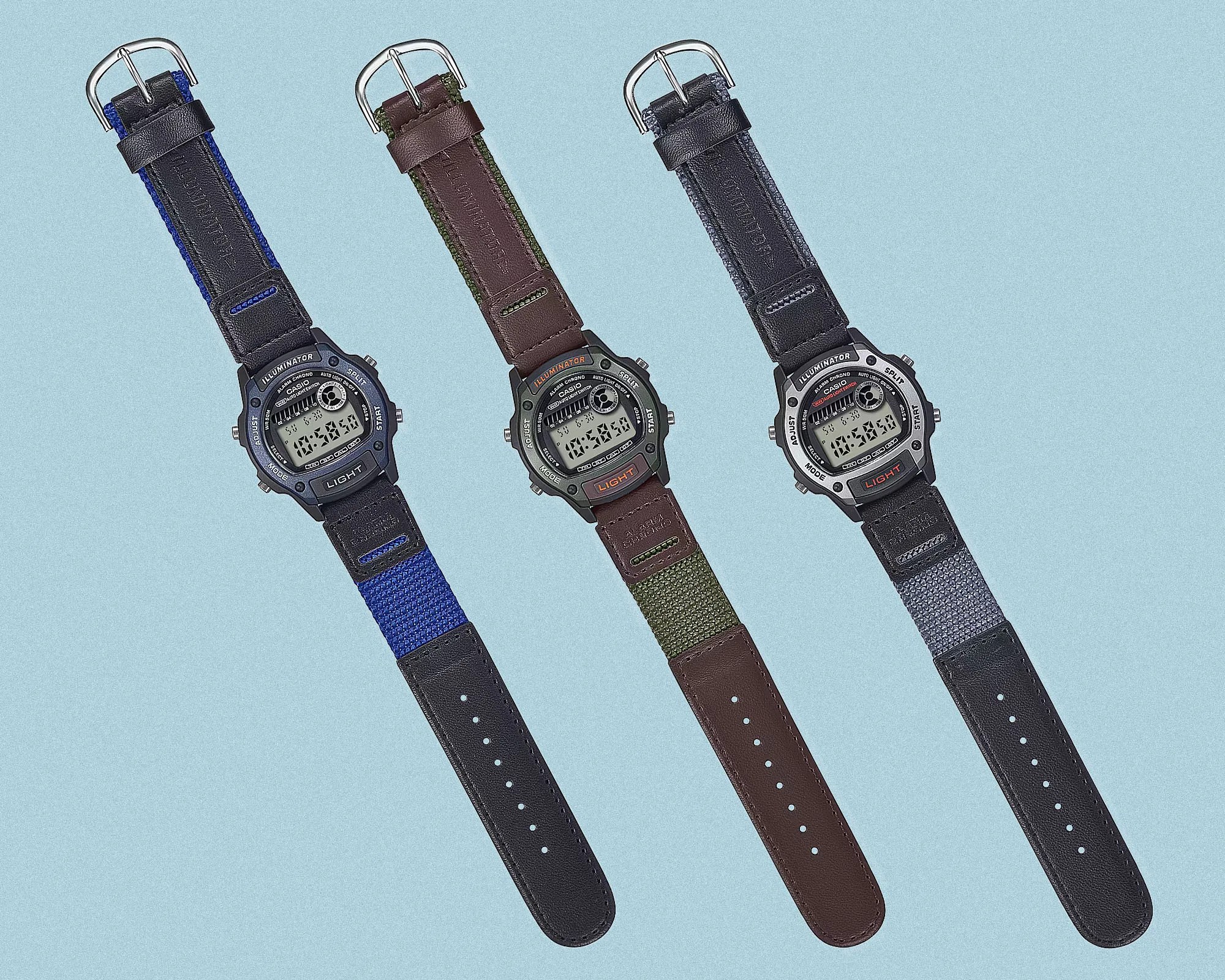Casio W220H three colorways with straps
