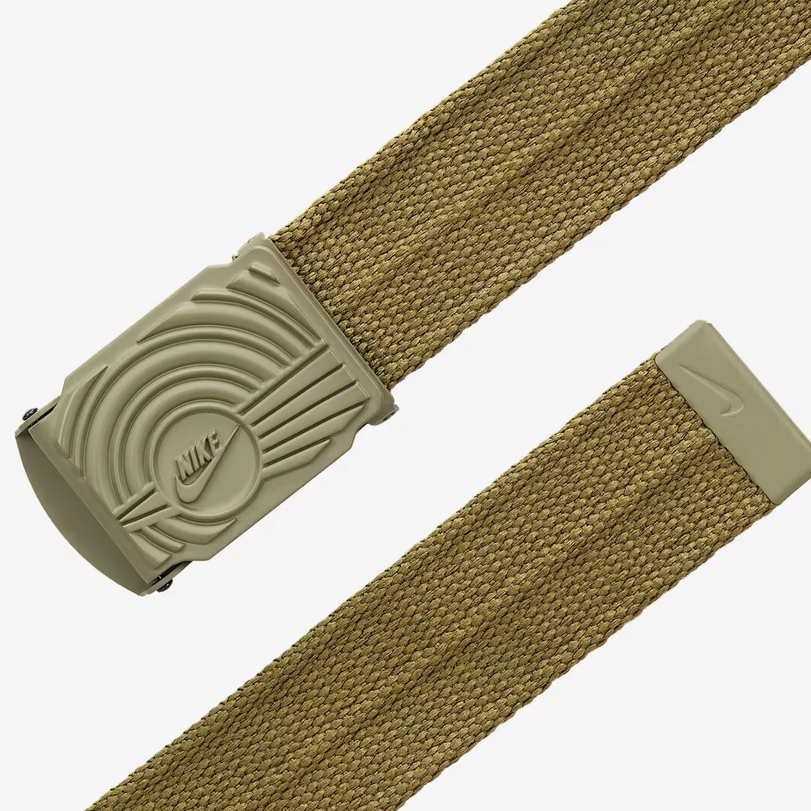 A Nike ribbed web belt in olive green showing the buckles and end