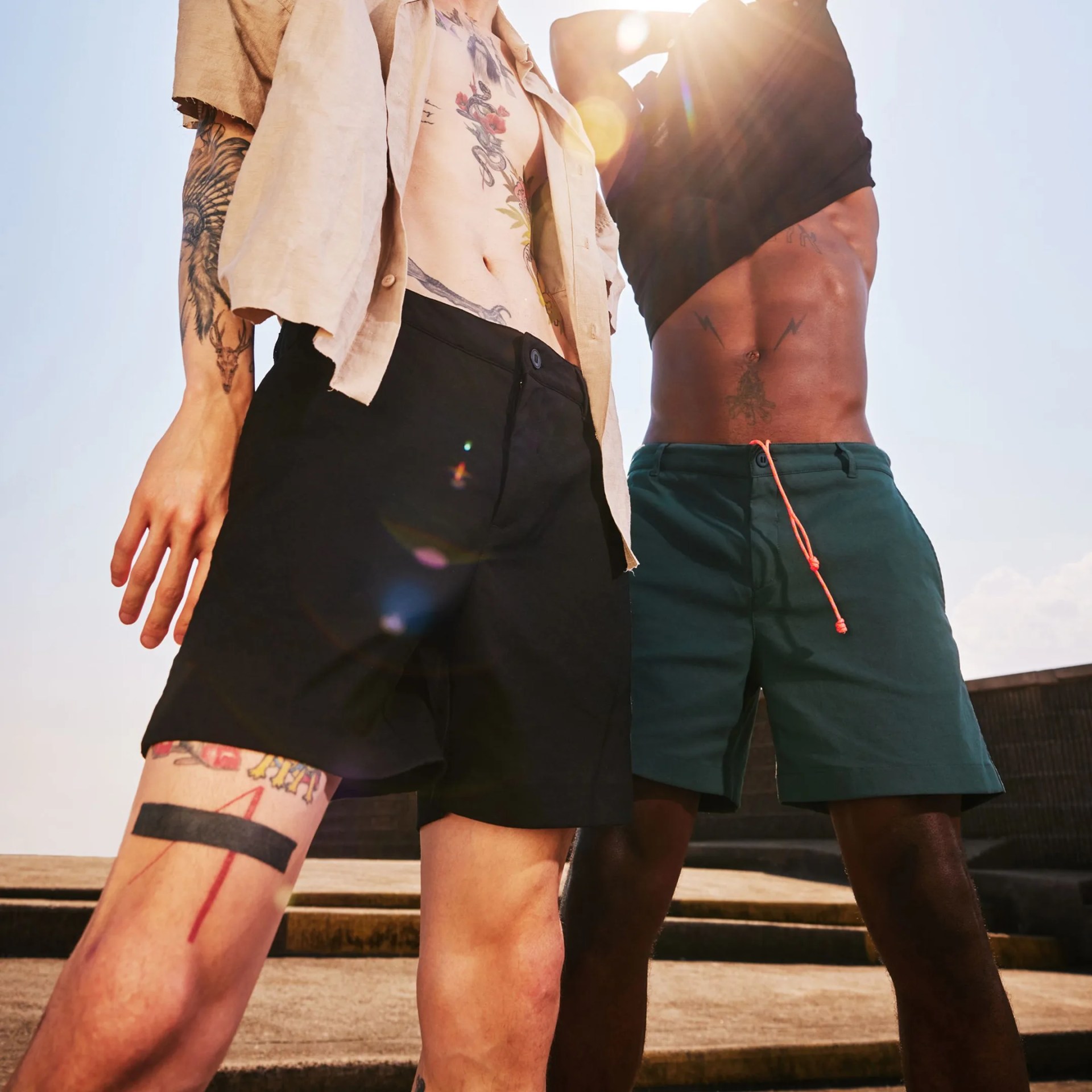 Outlier New Ways Five-Fives Shorts on two models outdoors