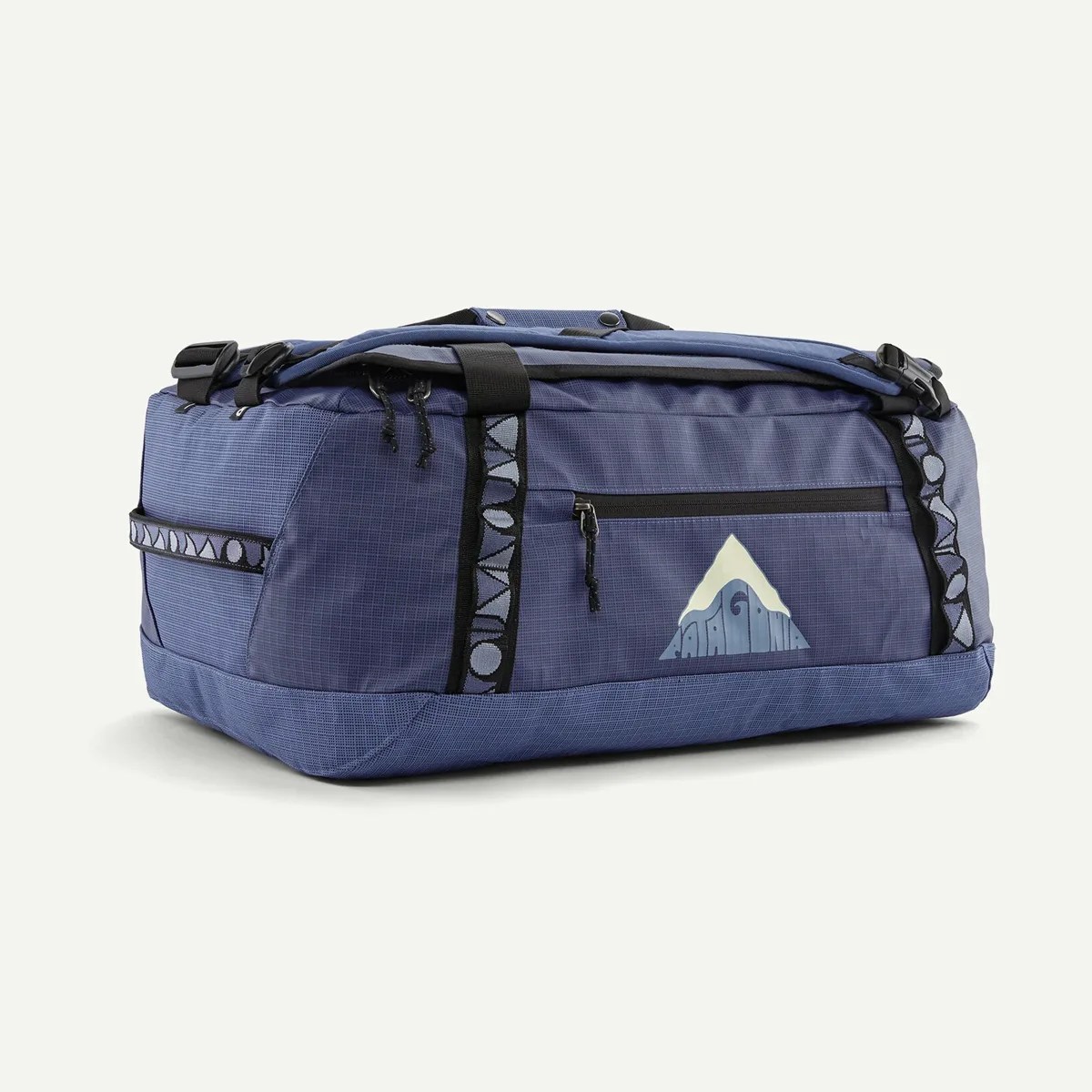 Blue Patagonia duffel bag with black zipper and patterned black straps on a white background.