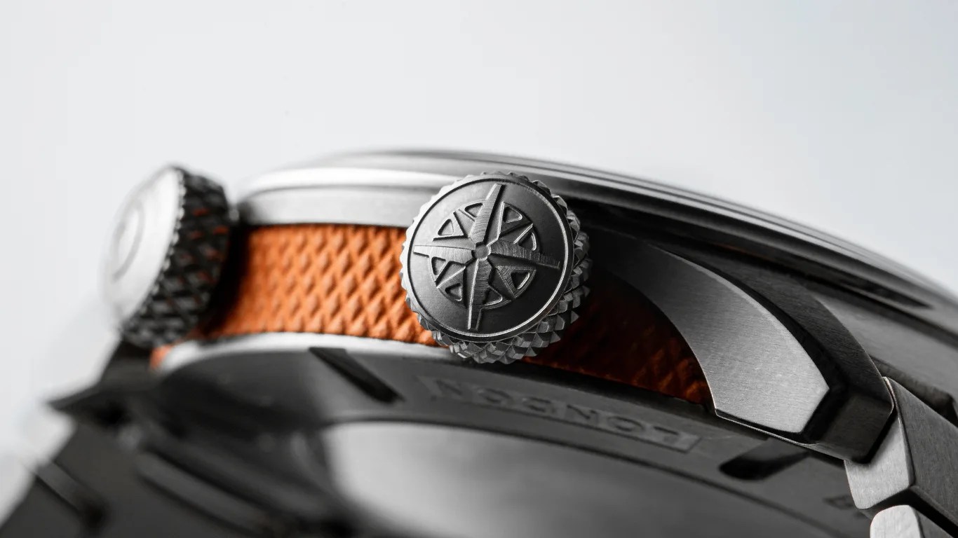 a closeup of a bremont pilots watch crown