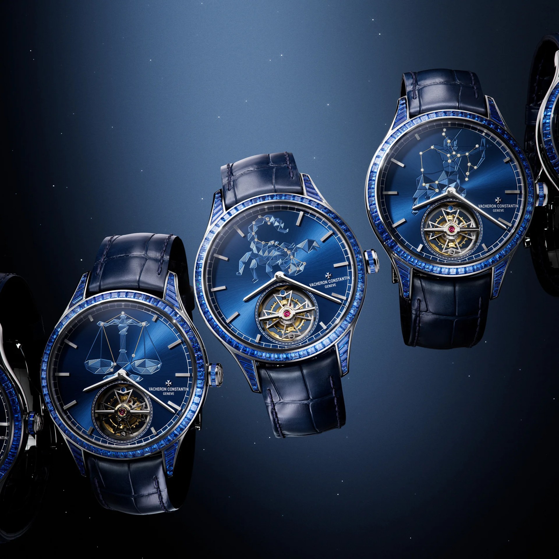 a series of vacheron constantin watches against a blue backdrop