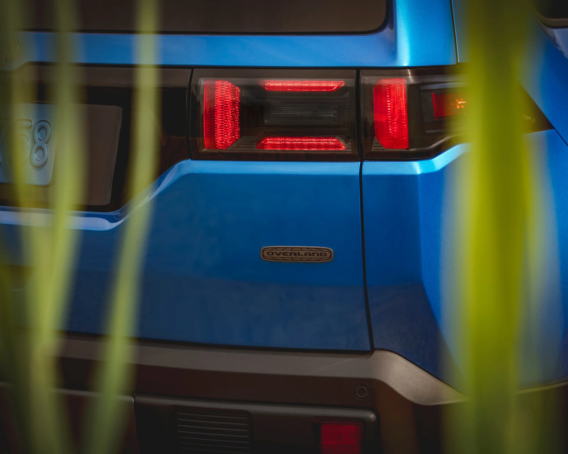 Close-up of the rear section of a blue vehicle showing the right tail light illuminated in red and an "OVERLAND" badge on the tailgate. The image is partially obscured by out-of-focus green plant stems in the foreground.