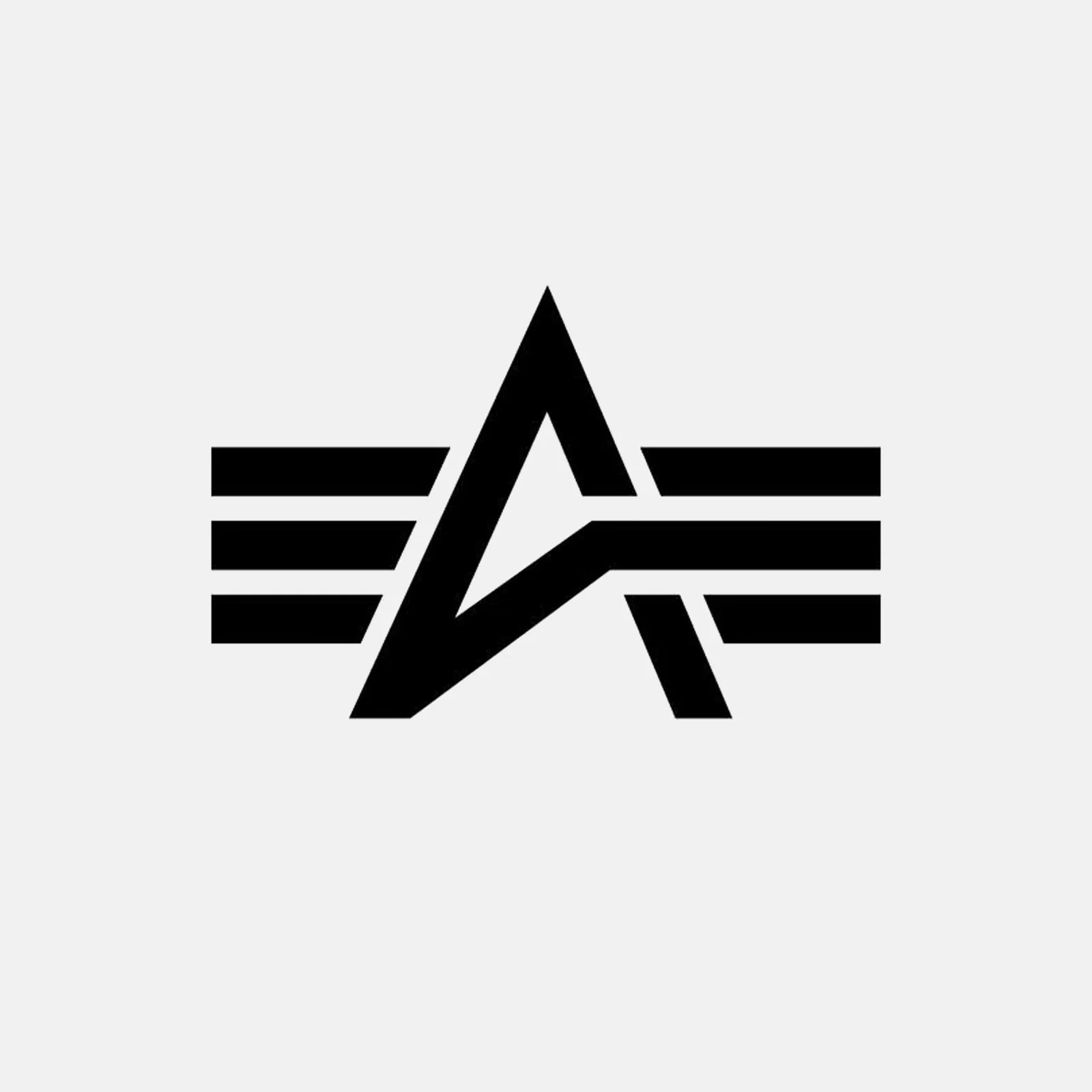 Black stylized letter "A" with three horizontal lines extending from each side on a light gray background. The design is bold and geometric.
