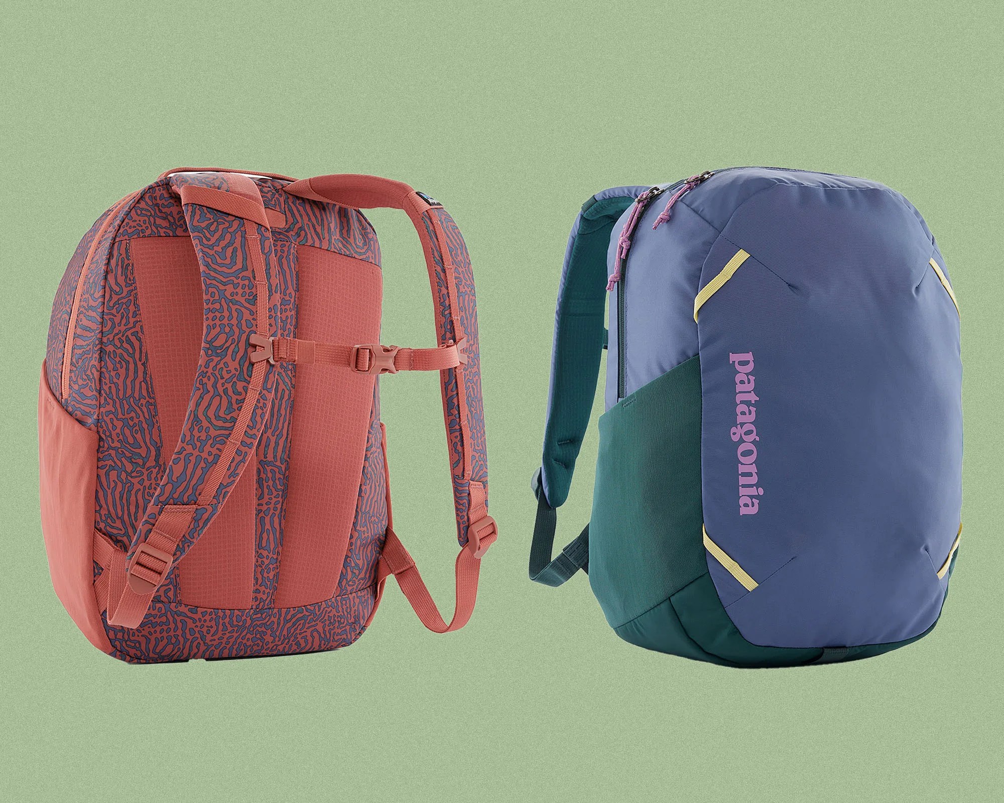 Two backpacks are shown against a green background. The left backpack is primarily coral with a blue abstract pattern, featuring padded shoulder straps and a chest strap. The right backpack is mainly blue with dark green sides, yellow accents, and the word "patagonia" printed vertically in pink on the front. It has padded shoulder straps and a sleek, rounded design.