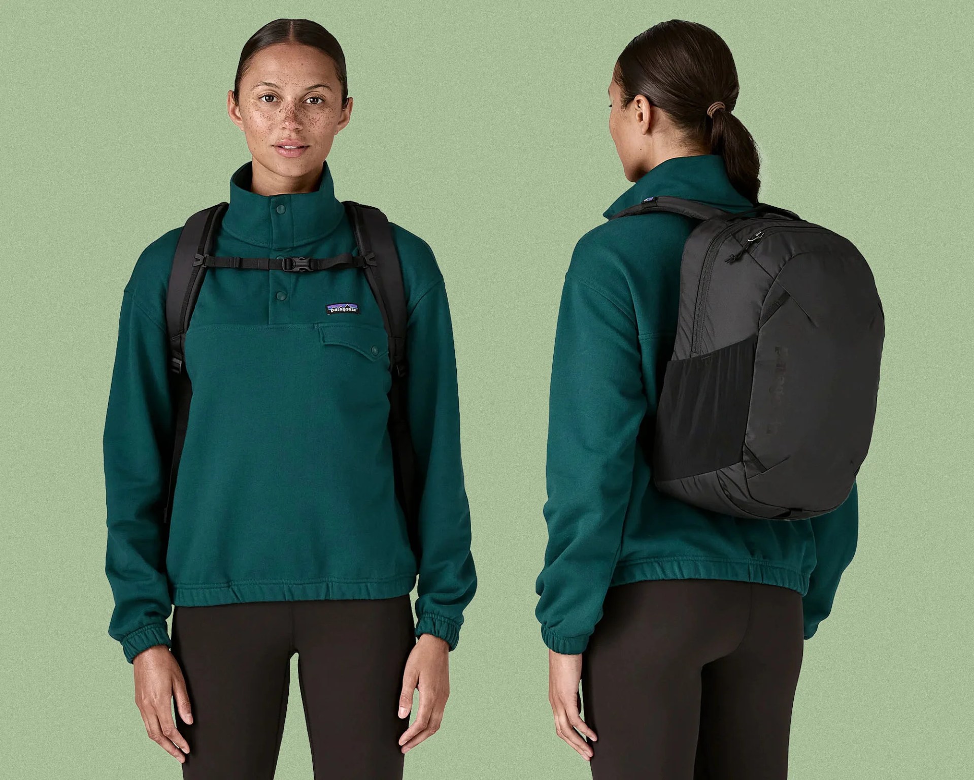 A woman wearing a dark green Patagonia pullover with a high collar and snap buttons, paired with black leggings. She is shown from the front and back, carrying a black backpack with padded shoulder straps and a chest strap. The backpack has a sleek, rounded design with side mesh pockets.