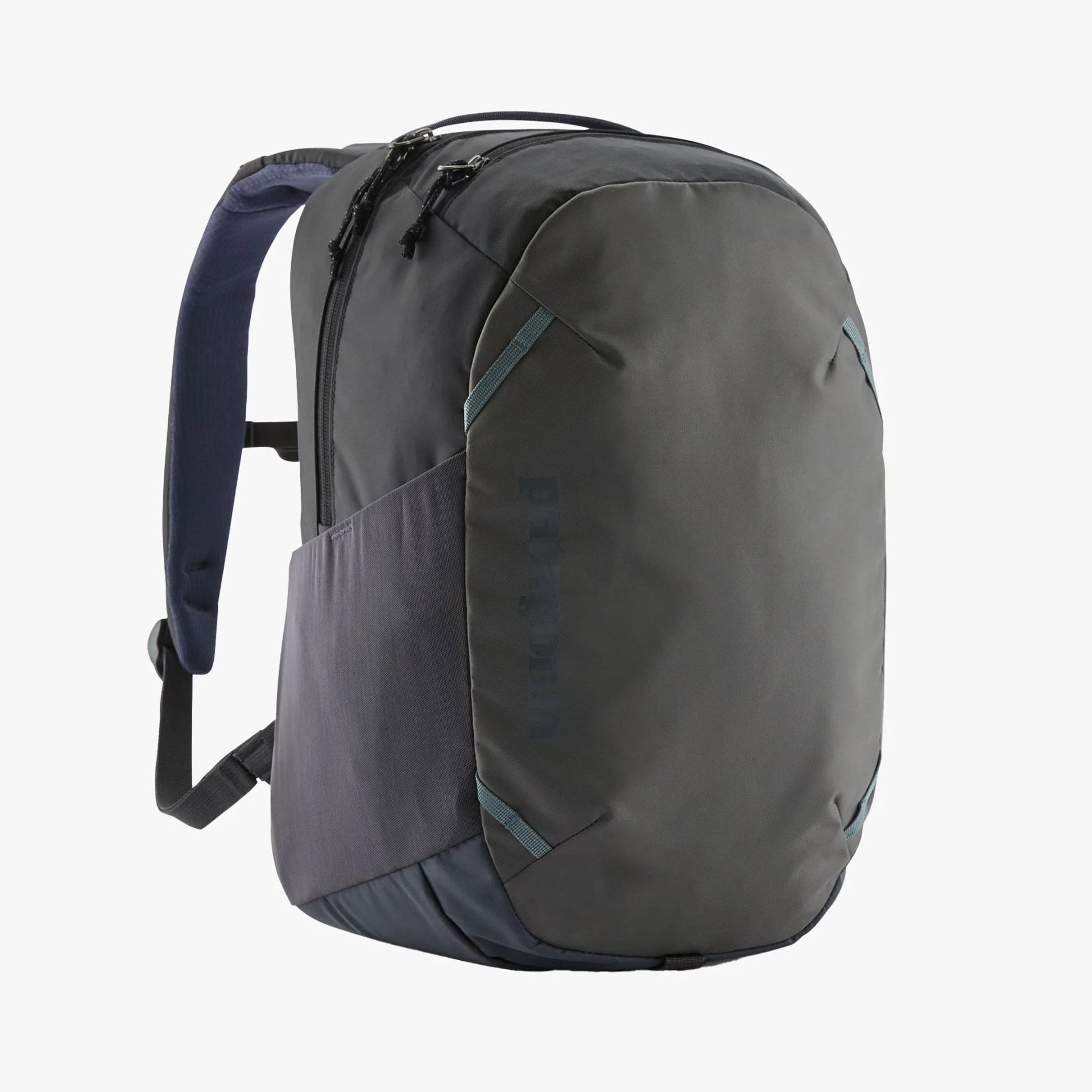 Dark gray and black Patagonia backpack with padded shoulder straps, a top handle, side pockets, and a front panel featuring subtle Patagonia branding.