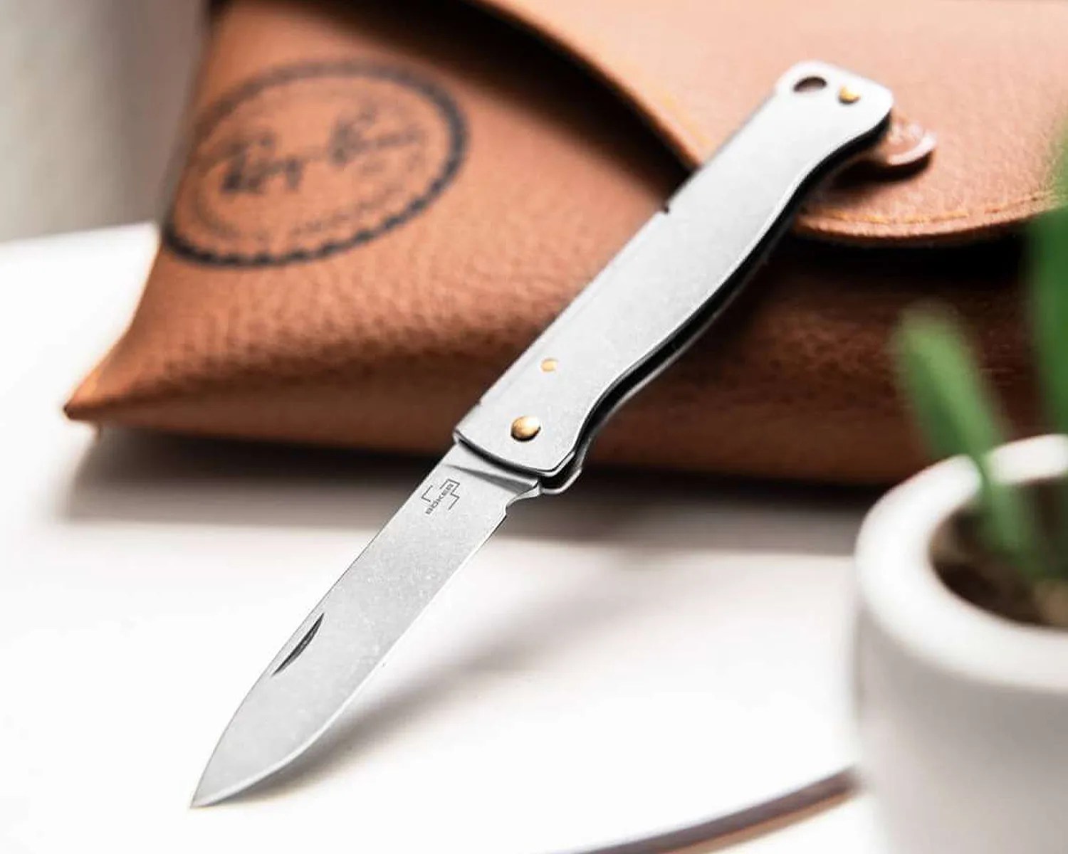 A sleek folding pocket knife with a silver handle and blade, featuring two small brass rivets on the handle. The knife is placed on a white surface with a brown leather pouch in the background and a small potted plant partially visible on the right.