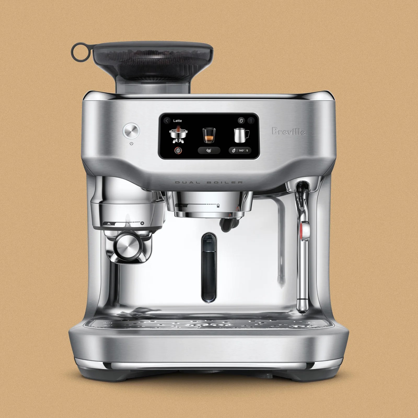 Stainless steel Breville espresso machine with a built-in grinder on top, a digital display screen showing latte options, a steam wand on the right, and a water level indicator in the center. The machine has a modern, sleek design with rounded edges and a brushed metal finish.