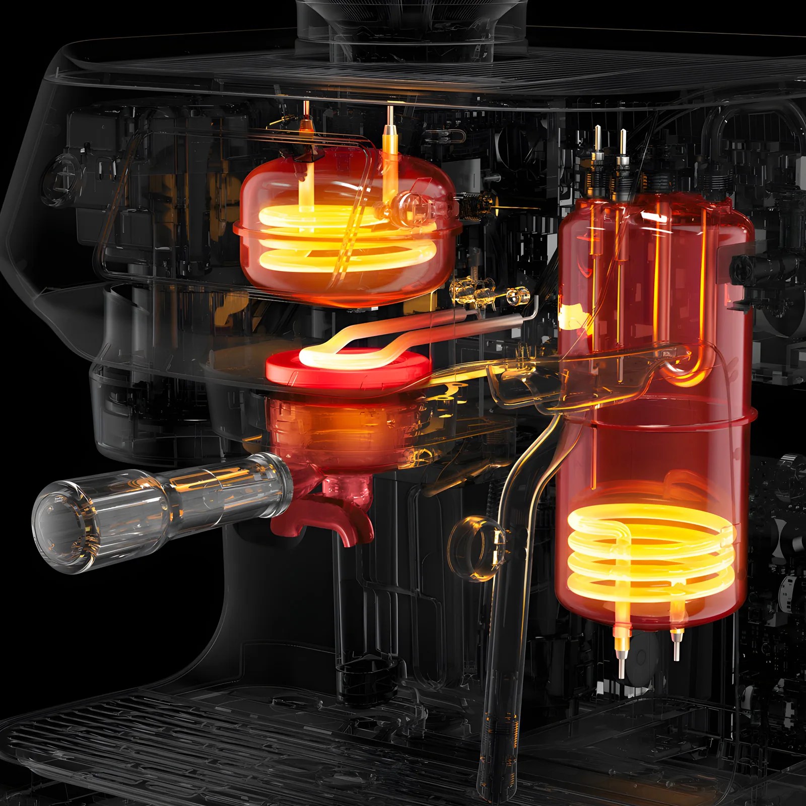 A detailed, semi-transparent 3D rendering of an espresso machine's internal heating elements and components. The image highlights glowing orange-yellow heating coils inside red-tinted chambers, showing the heating process within the machine. The surrounding structure is shown in a translucent dark material, revealing the internal layout and connections of the espresso machine.