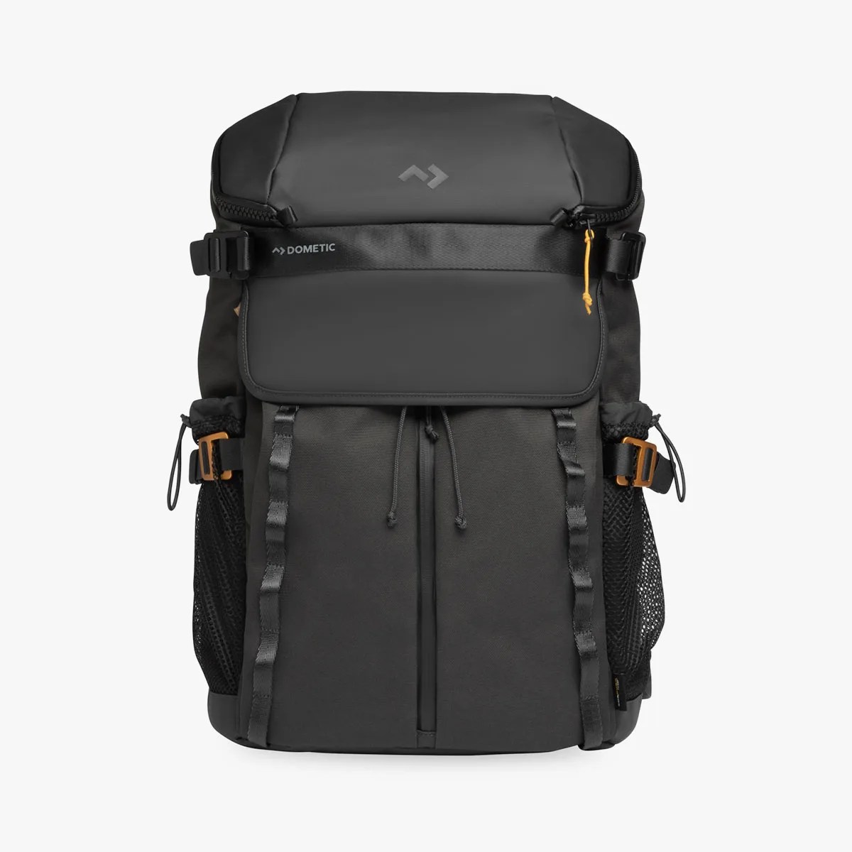Black Dometic backpack with a top flap secured by two side buckles, front drawstring closure, mesh side pockets, and vertical loops on the front panel.