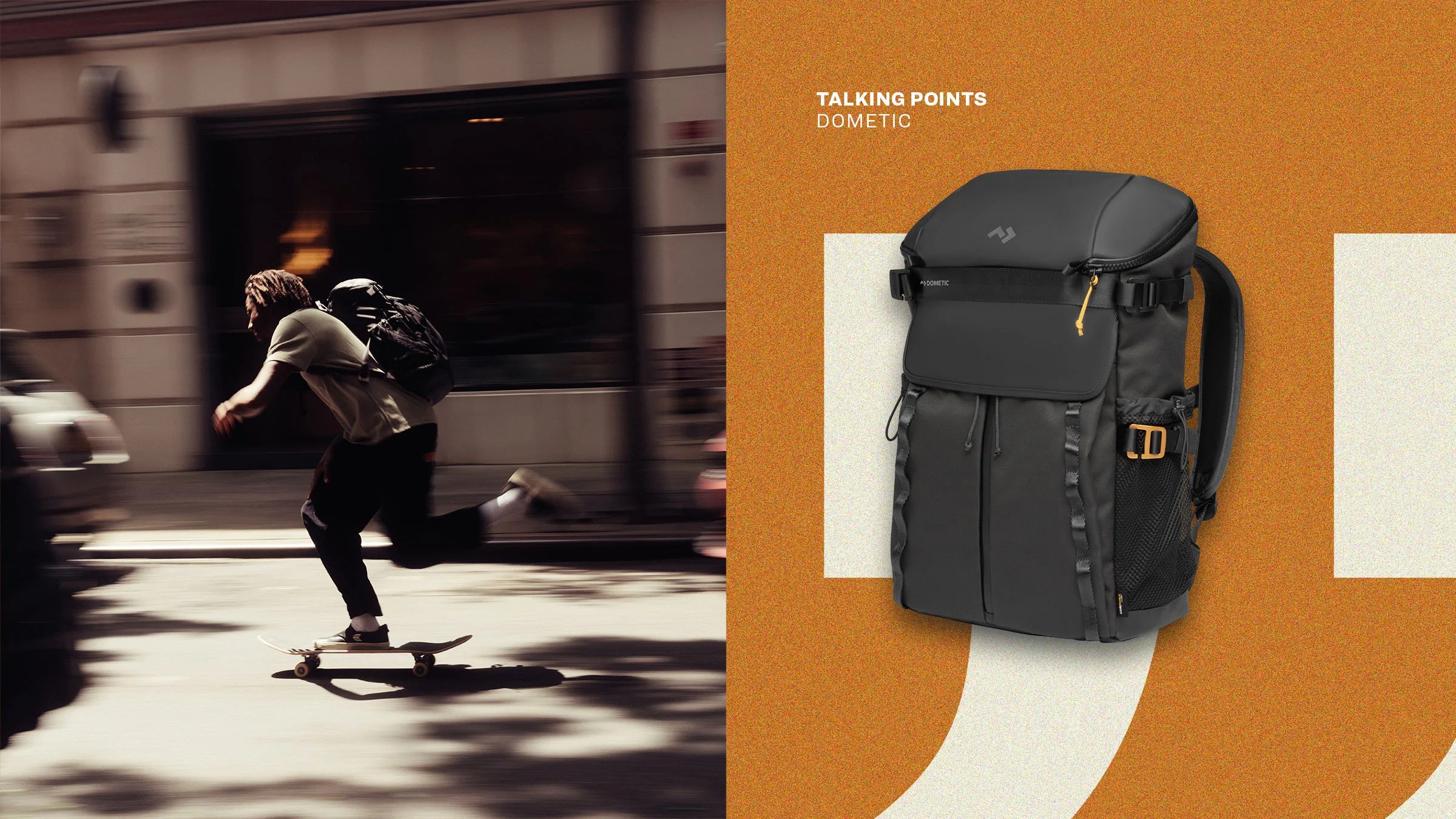 talking points Dometic A person skateboarding on a city street wearing a Dometic Unrestricted Backpack on the left side of the image