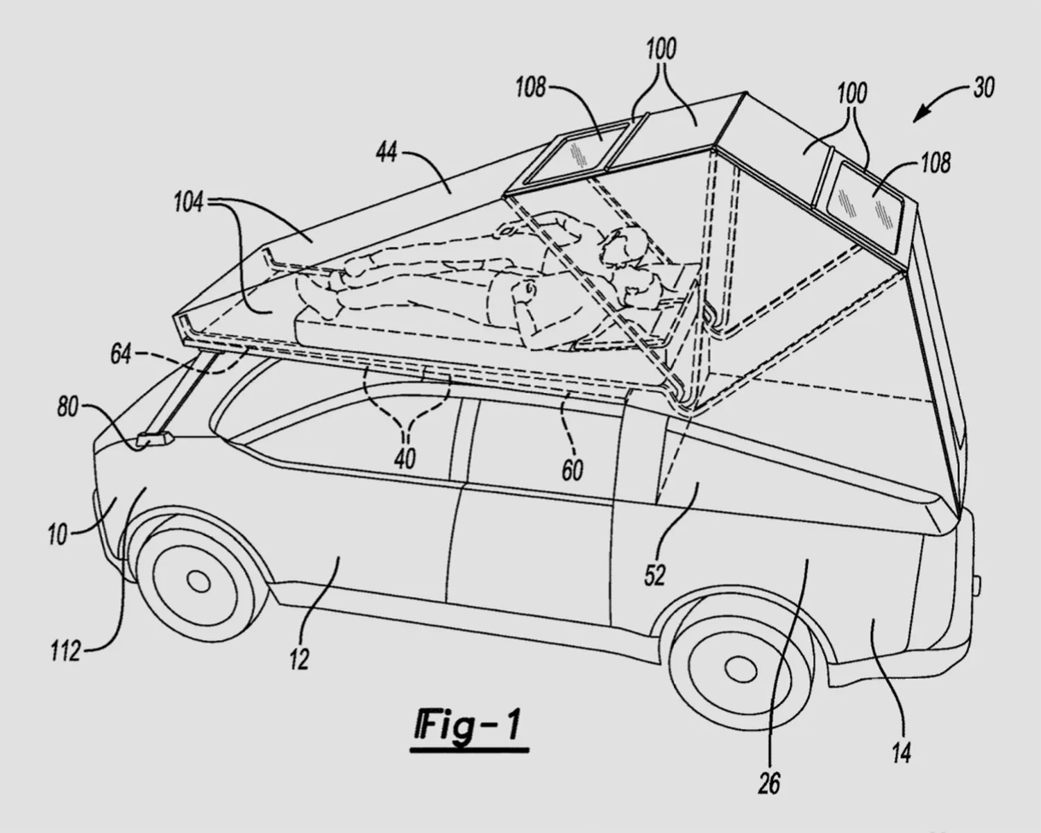 a drawing of a ford rooftop tent patent with passengers