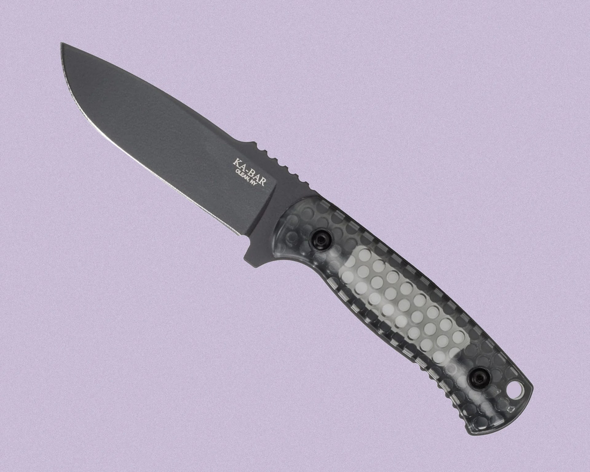 Fixed-blade knife with a dark, matte-finished blade and a textured, translucent handle featuring a honeycomb pattern. The blade has the brand name "KA-BAR OLEAN, NY" printed near the handle. The handle has two black screws and a lanyard hole at the end.