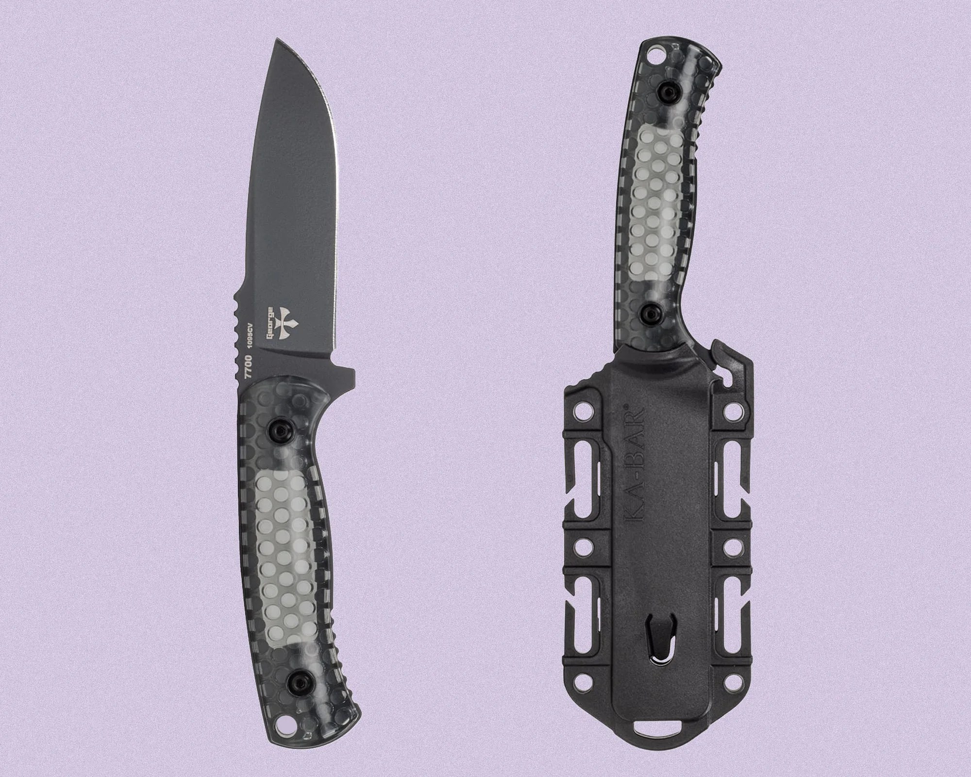 Fixed-blade knife with a black blade and a textured, translucent handle featuring a honeycomb pattern. The knife is shown both with the blade exposed and sheathed in a black plastic sheath marked "KA-BAR." The blade has a drop point shape and partial serrations near the handle.