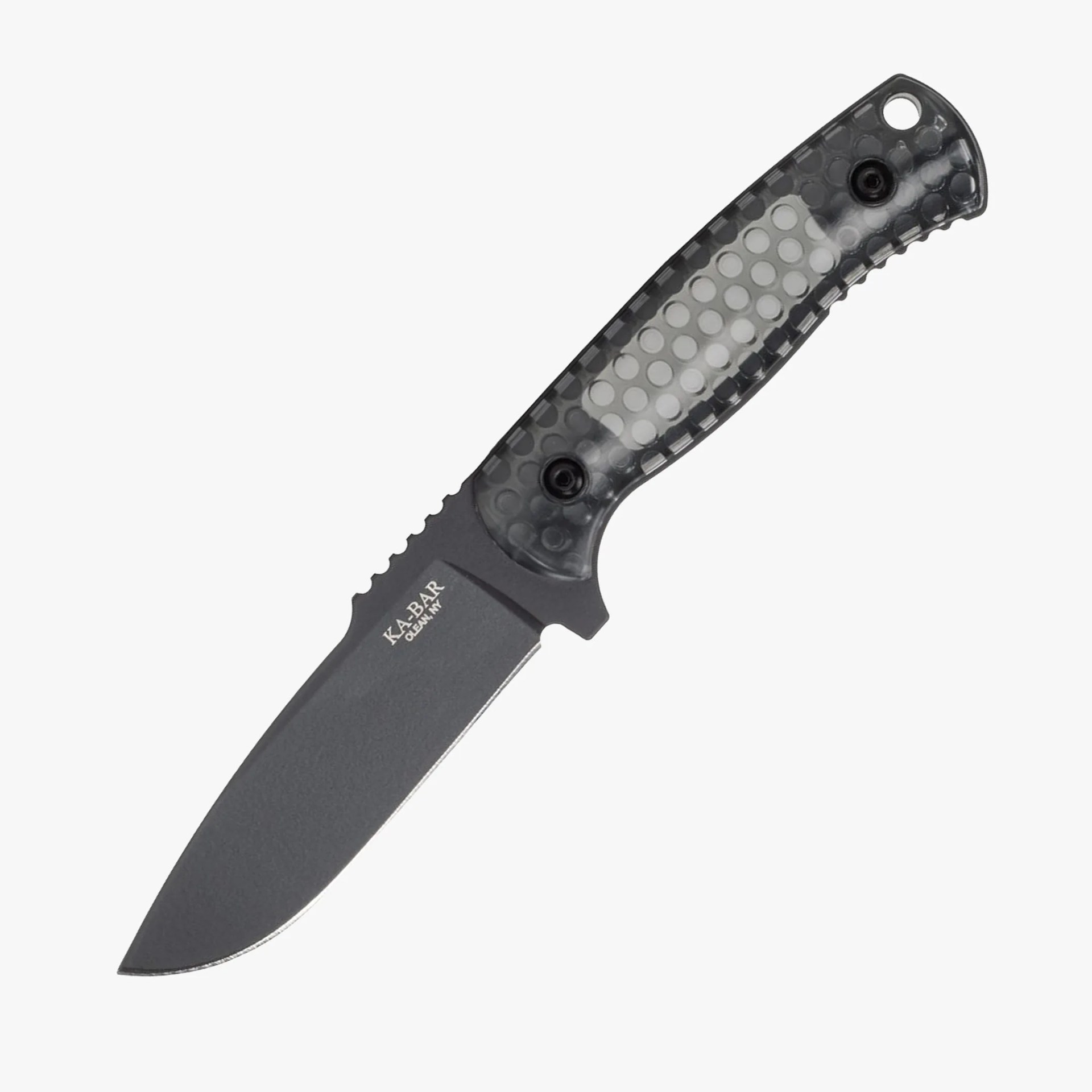 Fixed blade knife with a black blade and a textured, translucent gray handle featuring a honeycomb pattern. The blade has the "KA-BAR OLEAN, NY" logo near the handle. The handle has two black screws and a lanyard hole at the end.