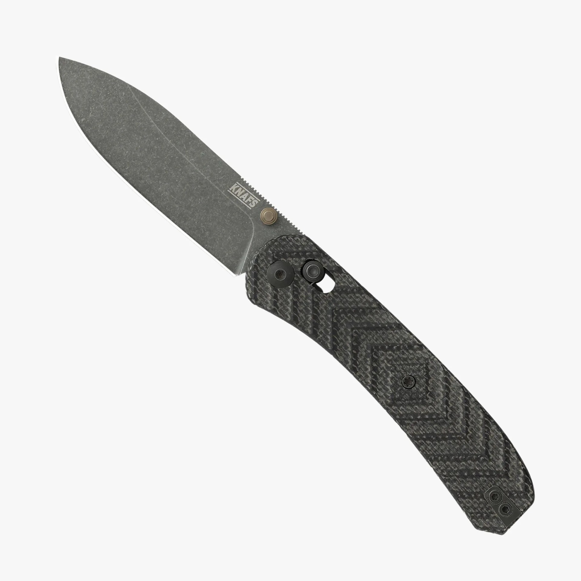 Folding knife with a stonewashed blade and a textured black handle featuring a geometric pattern. The blade has a thumb stud for easy opening and the handle includes a locking mechanism. The brand name "KNAFS" is visible on the blade near the handle.