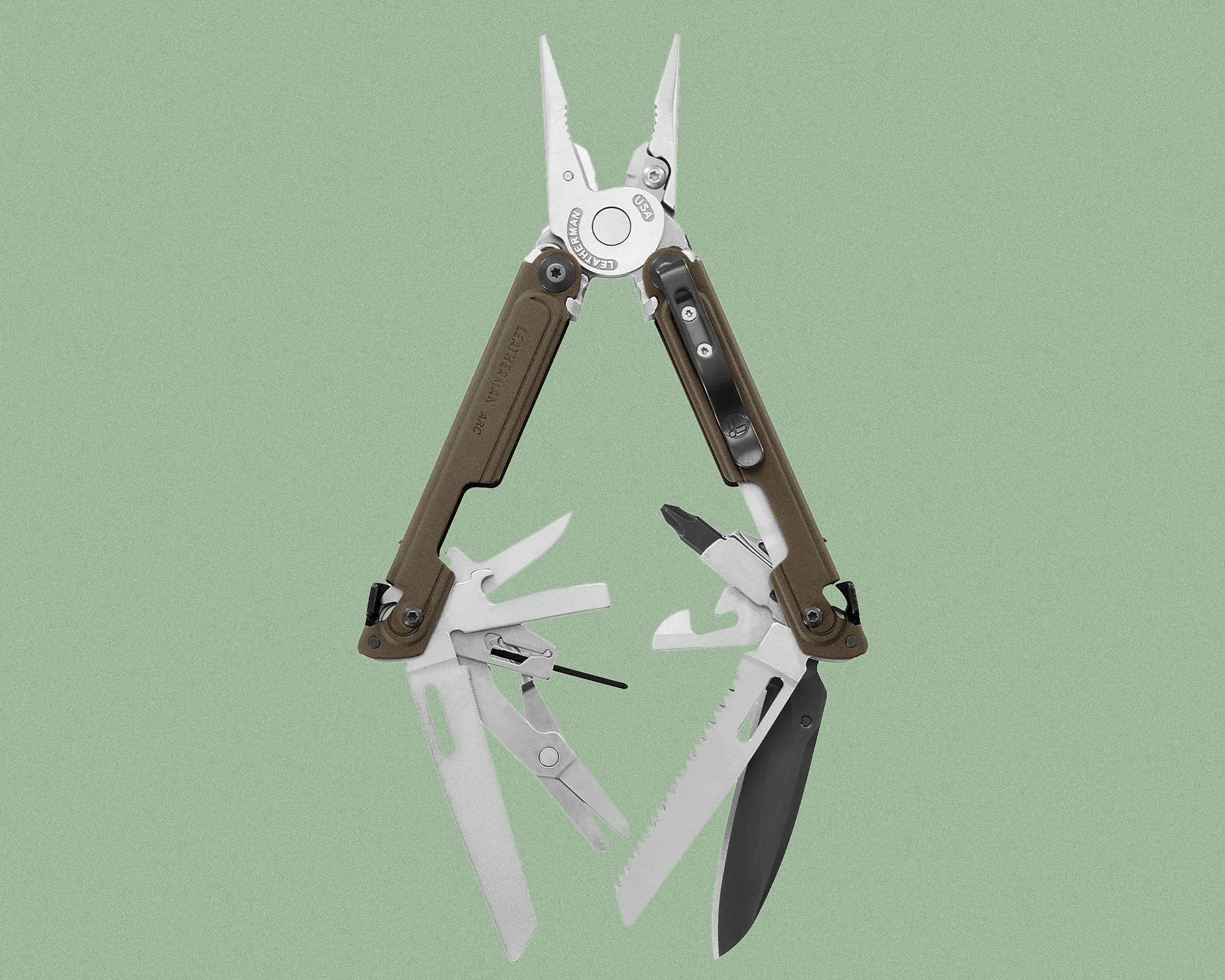 Multi-tool with brown handles, featuring pliers at the top and various tools extended, including a knife, saw, scissors, screwdriver, and bottle opener, against a light green background.