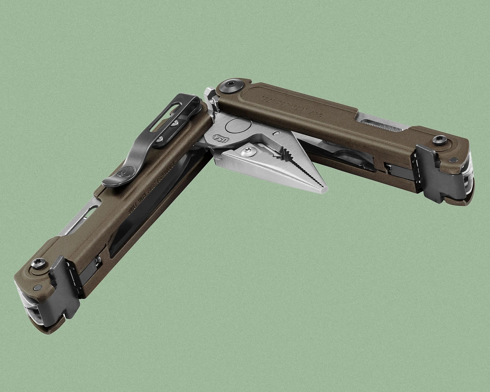 Leatherman ARC Talos Multi-Tool partway open with pliers showing on green background