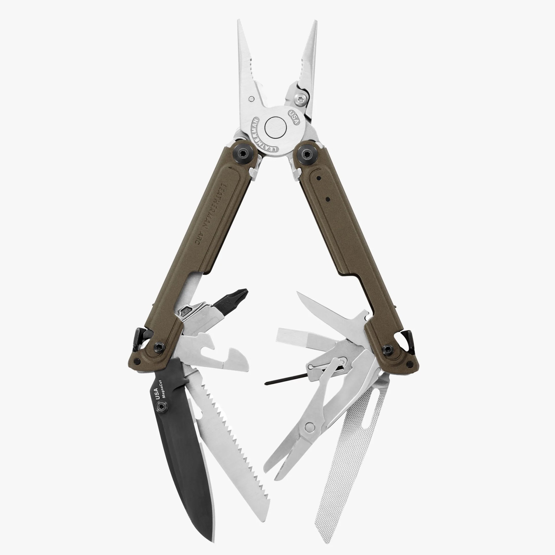Multi-tool with brown handles featuring pliers, a knife, saw, scissors, file, screwdriver bits, and other fold-out tools. The tool is open, displaying all its components. The metal parts are silver with one black knife blade. The handles have a textured finish.
