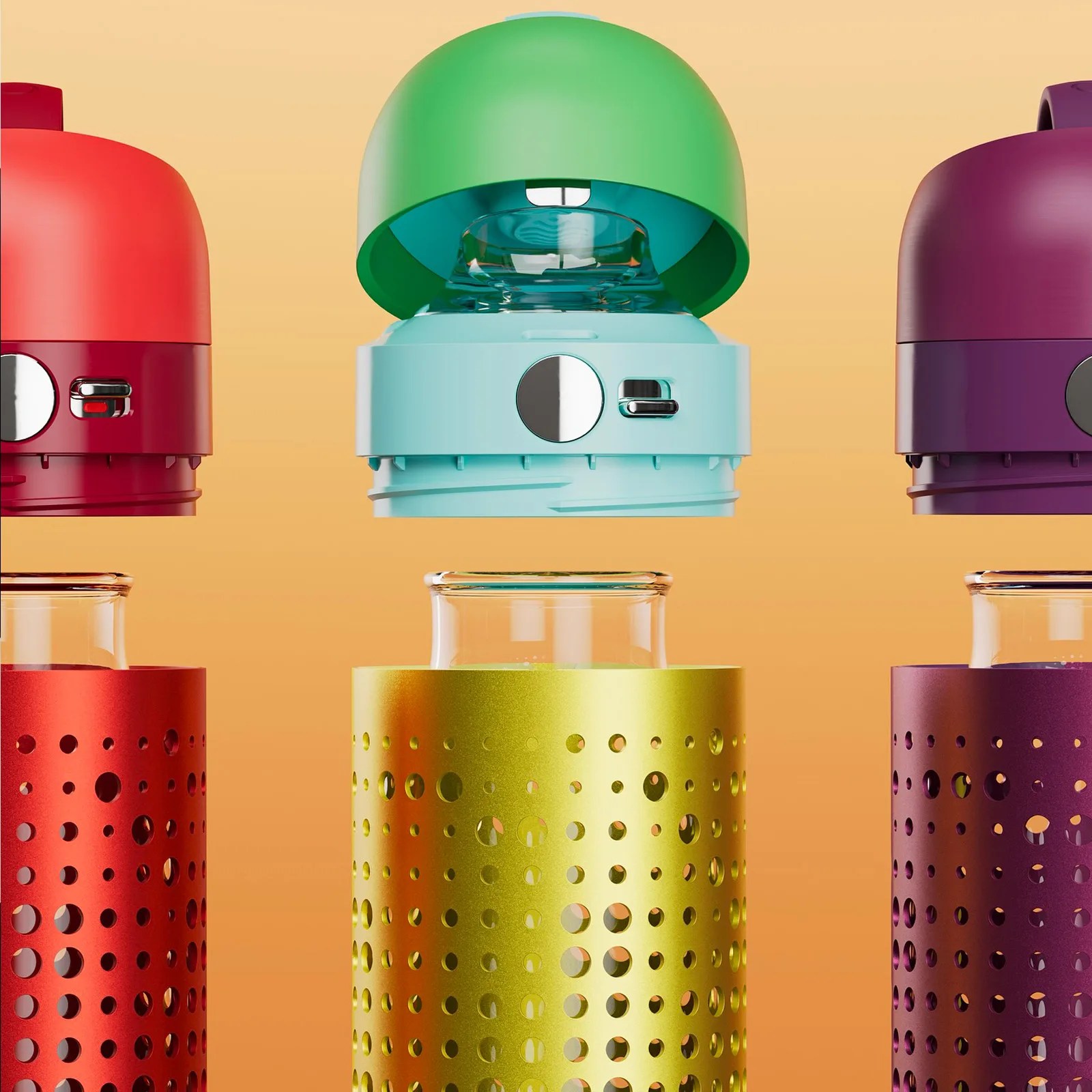 Three colorful water bottles with perforated metal sleeves are shown against a gradient orange background. The bottles have glass bodies with lids hovering above them: one with a red lid and sleeve, one with a light blue lid and yellow sleeve, and one with a purple lid and sleeve. The lids have a rounded top and a metallic button and switch on the side.