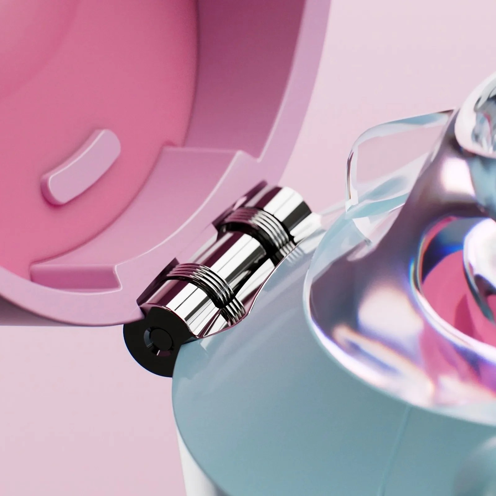 Close-up of a metallic hinge mechanism connecting a shiny, light blue surface to a pink, curved plastic component. The hinge is chrome with black accents, and the background is a soft pink color.