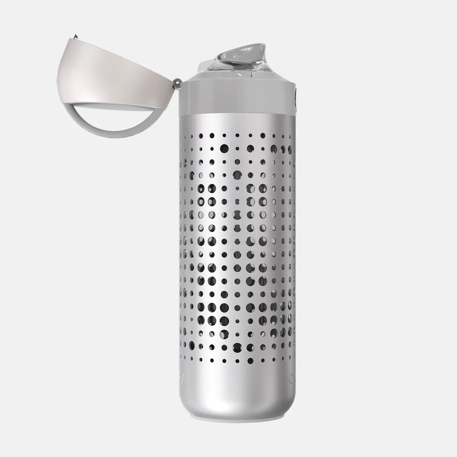 Silver cylindrical water bottle with a perforated metal sleeve featuring variously sized circular holes. The bottle has a light gray cap with a transparent spout and a hinged lid that is open.