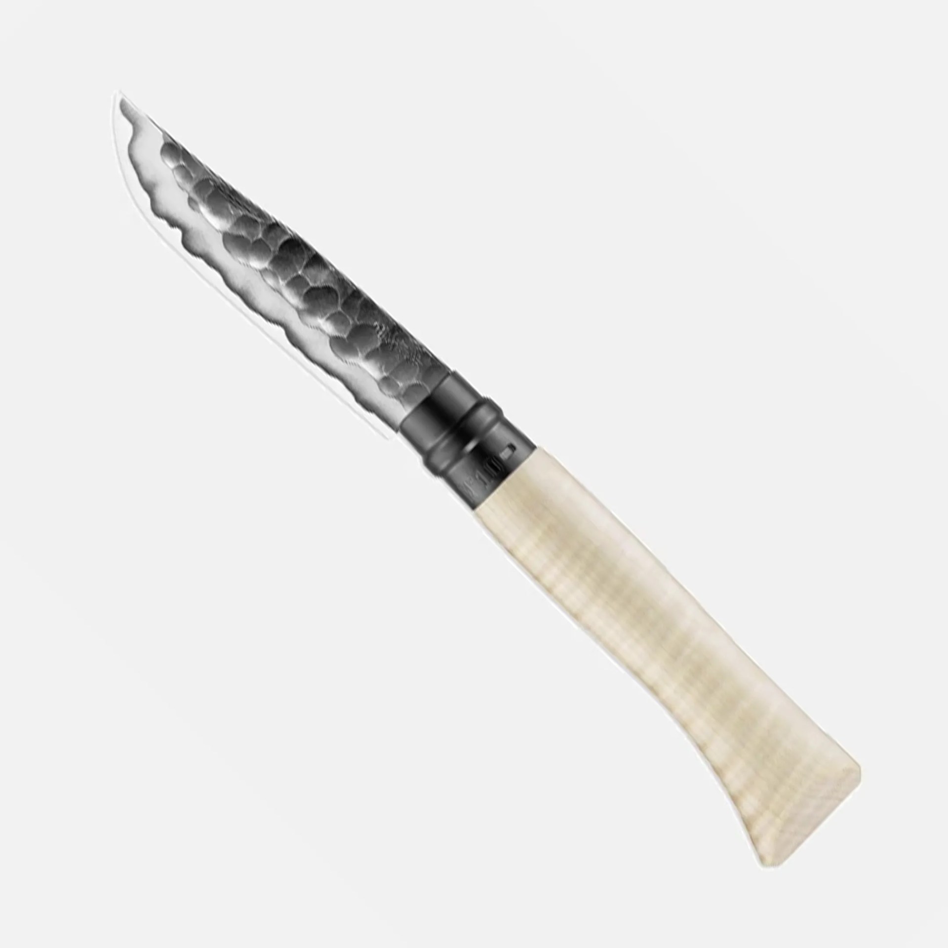 Knife with a hammered, textured blade and a smooth, light-colored wooden handle. The blade has a wavy pattern along the edge, and the handle is slightly curved for grip.
