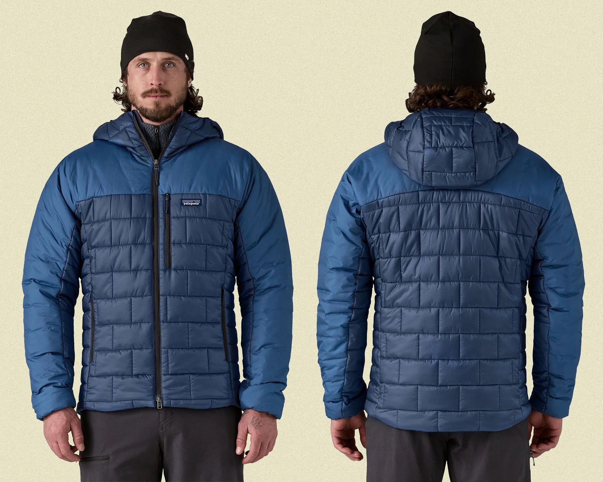 Men's insulated jacket in two shades of blue with a quilted pattern on the body and hood. It features a front zipper, a zippered chest pocket on the left side, and two zippered hand pockets. The jacket has a hood and is worn with a black beanie. The front view shows the Patagonia logo on the chest pocket, and the back view highlights the quilted design extending across the back and hood.