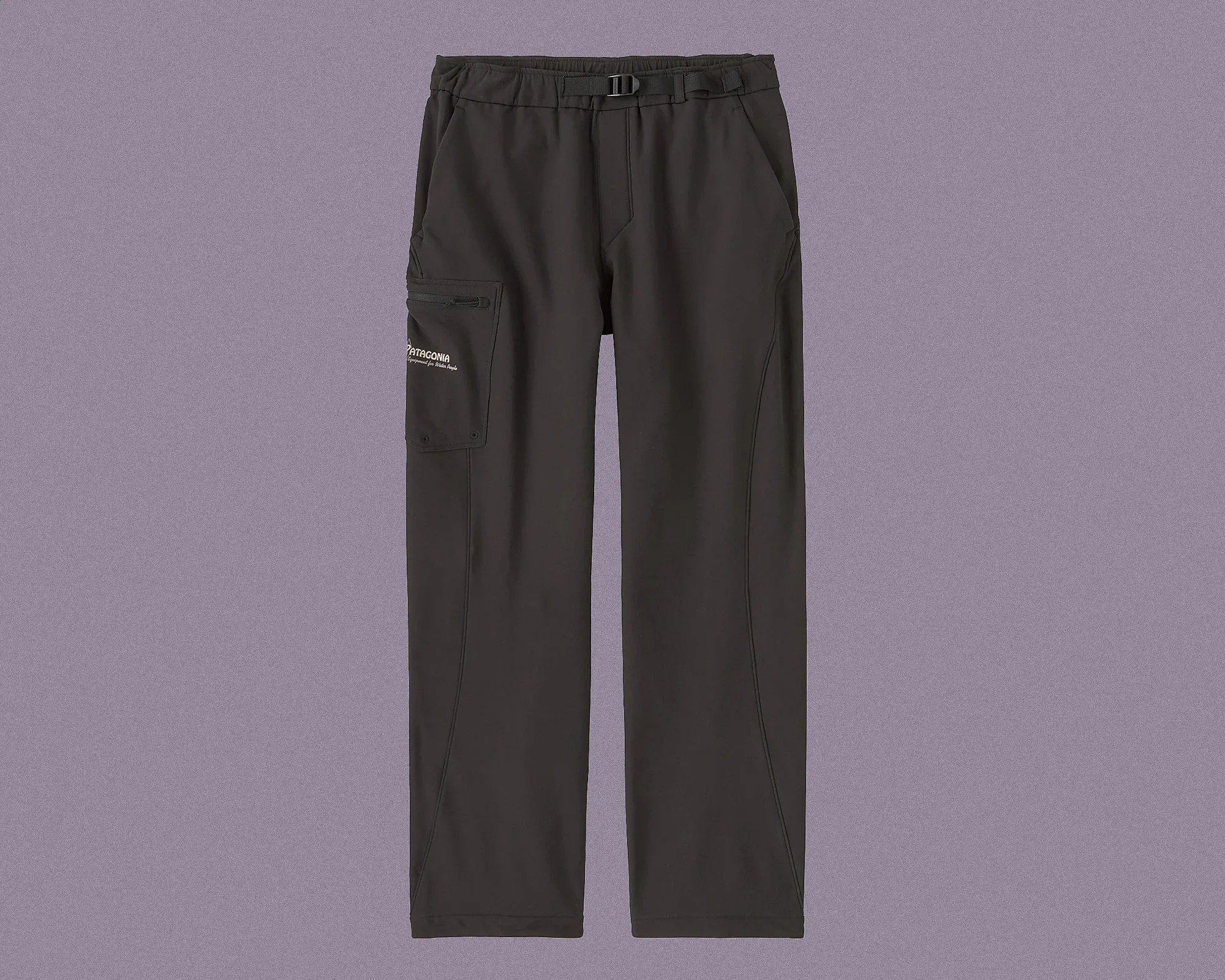 Black Patagonia pants with an elastic waistband and an adjustable buckle belt. The pants feature a zippered cargo pocket on the left thigh with the Patagonia logo printed on it. The design includes side pockets and visible seam detailing along the legs.