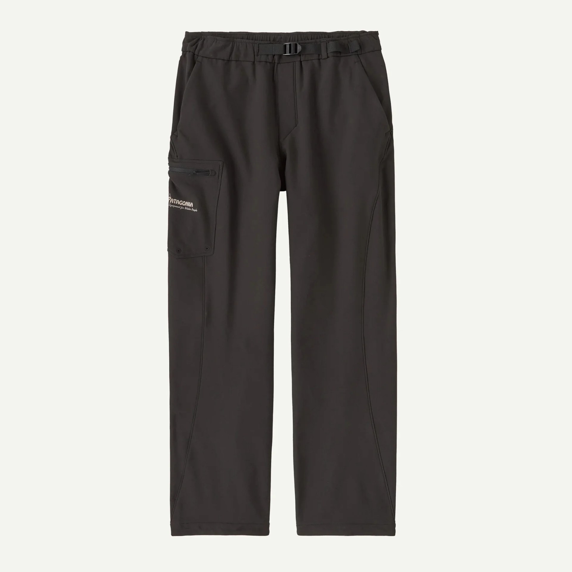 Black Patagonia pants with an elastic waistband and an adjustable buckle belt. They feature side pockets and a zippered cargo pocket on the left leg with the Patagonia logo printed on it. The pants have a straight-leg design with visible seam detailing.