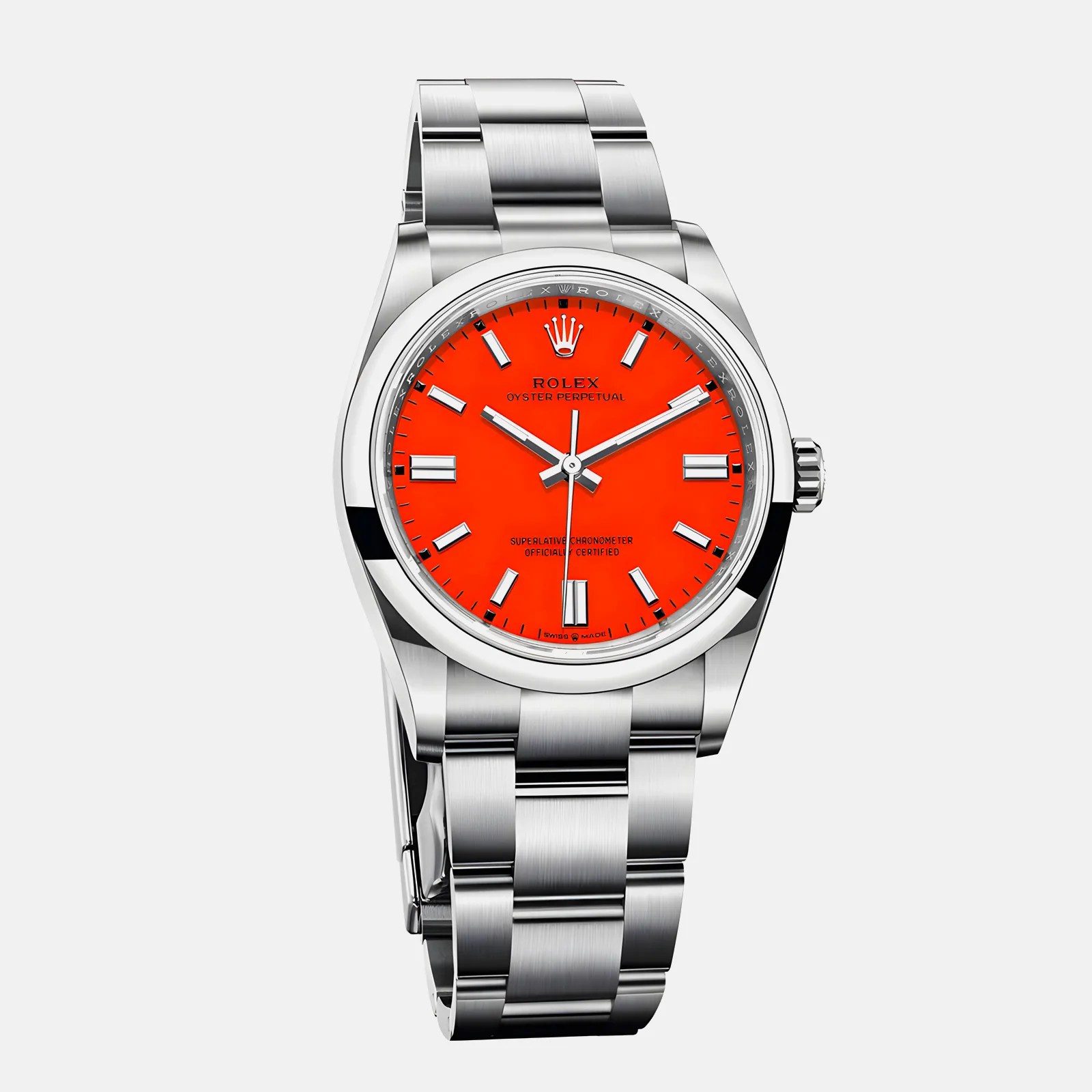 Rolex Oyster Perpetual watch with a bright orange dial, silver hour markers, and silver hands. The watch has a polished stainless steel case and a matching stainless steel bracelet with a brushed finish. The Rolex crown logo is positioned at 12 o'clock, and the text "ROLEX OYSTER PERPETUAL" and "SUPERLATIVE CHRONOMETER OFFICIALLY CERTIFIED" is printed on the dial. The watch features a smooth bezel and a screw-down crown on the right side.