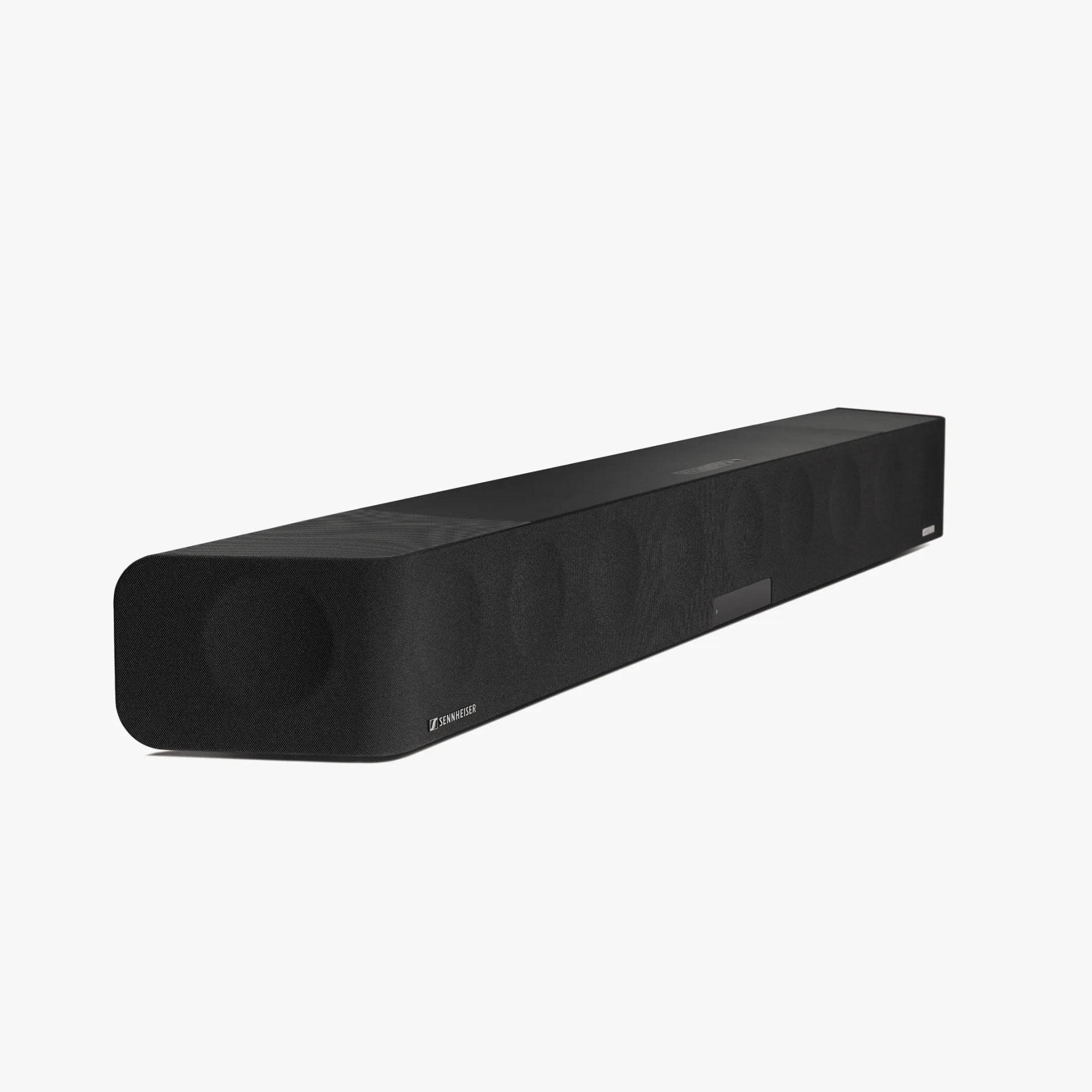 Black Sennheiser soundbar with a fabric front grille and rounded edges, shown at a slight angle on a white background.