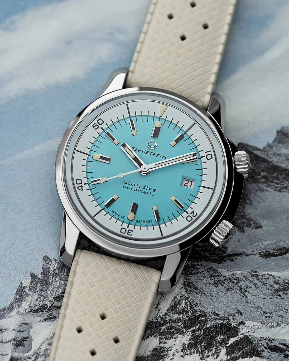 a Sherpa dive watch with a blue dial