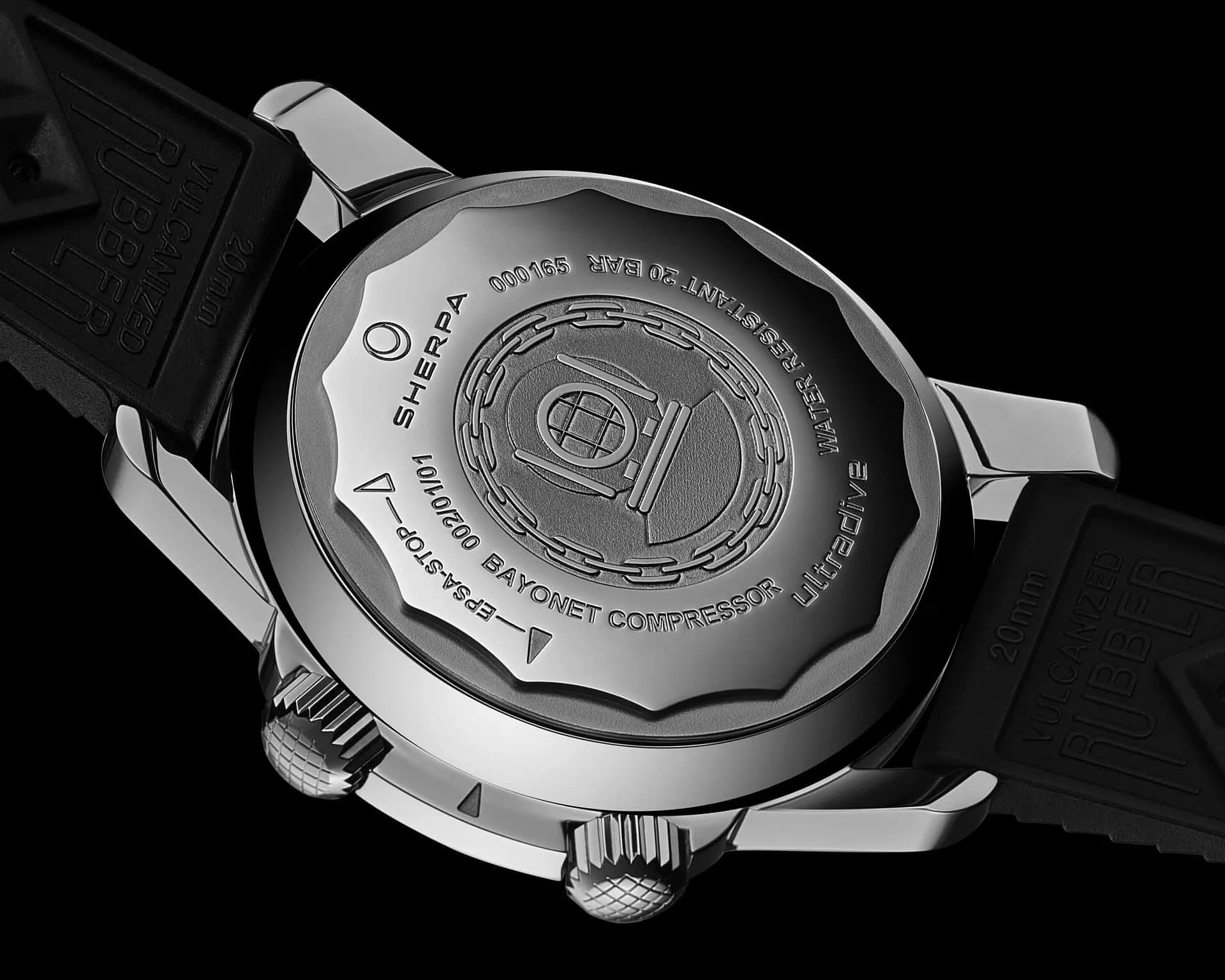 the back of an Sherpa dive watch