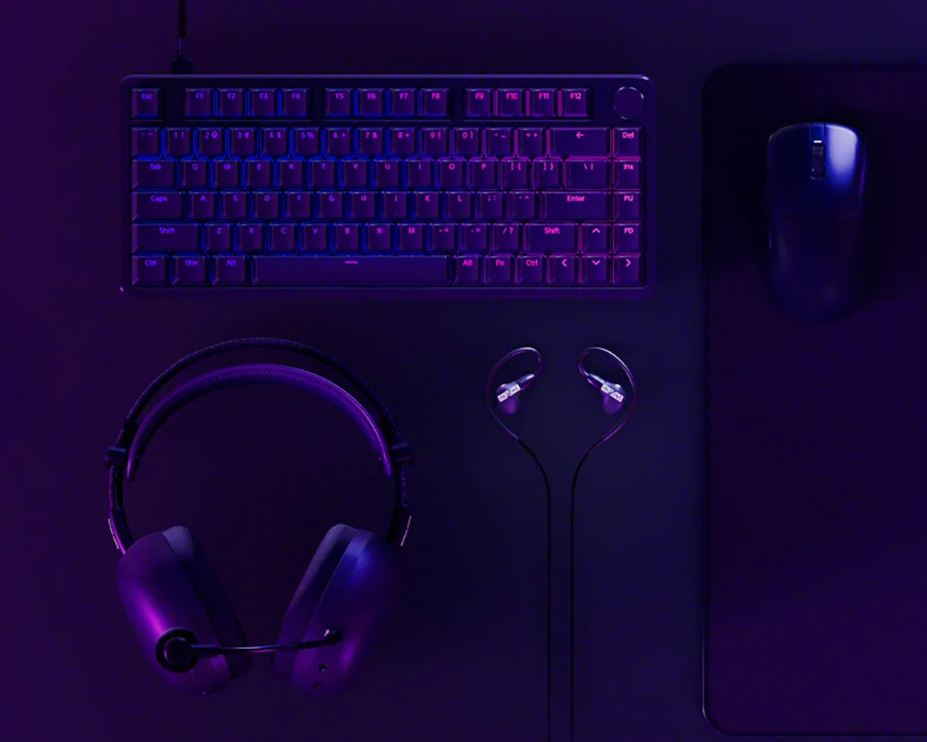 Compact mechanical keyboard with purple backlighting, black wireless mouse on a mouse pad, over-ear gaming headset with a microphone, and wired in-ear monitors, all arranged neatly on a dark surface with purple lighting.