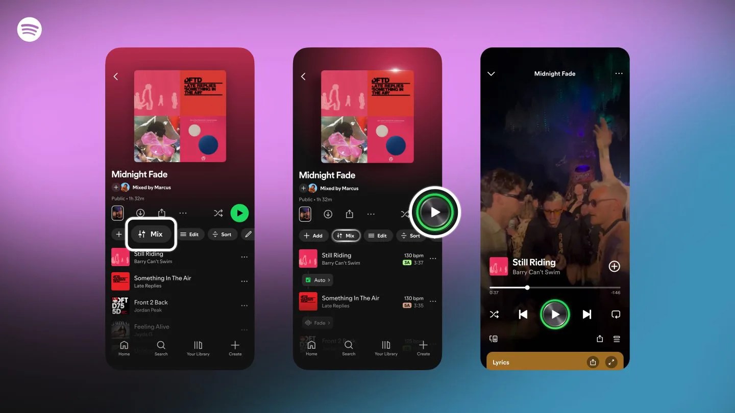 Three smartphone screens display the Spotify app interface with the playlist "Midnight Fade." The first screen shows the playlist with the "Mix" button highlighted. The second screen shows the playlist with the play button highlighted, indicating the start of playback. The third screen shows the now playing view with the song "Still Riding" by Barry Can't Swim, featuring a video of people dancing at a party. The background gradient transitions from purple to blue.
