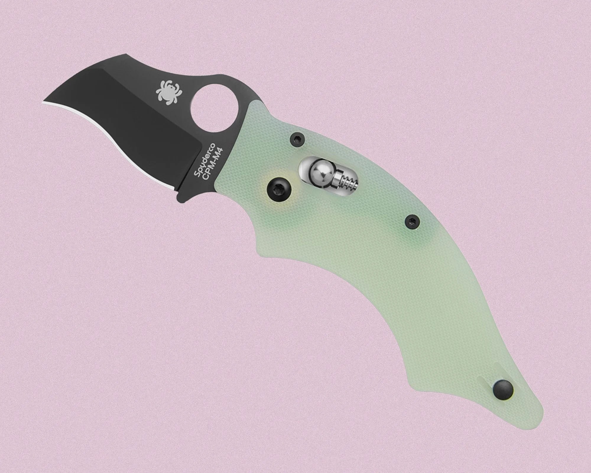 A folding knife with a curved, black blade featuring the Spyderco logo and the text "Spyderco CPM-M4." The handle is light green with a textured surface and has a visible locking mechanism with a metal ball and spring. The knife has a finger hole near the blade for easy opening.