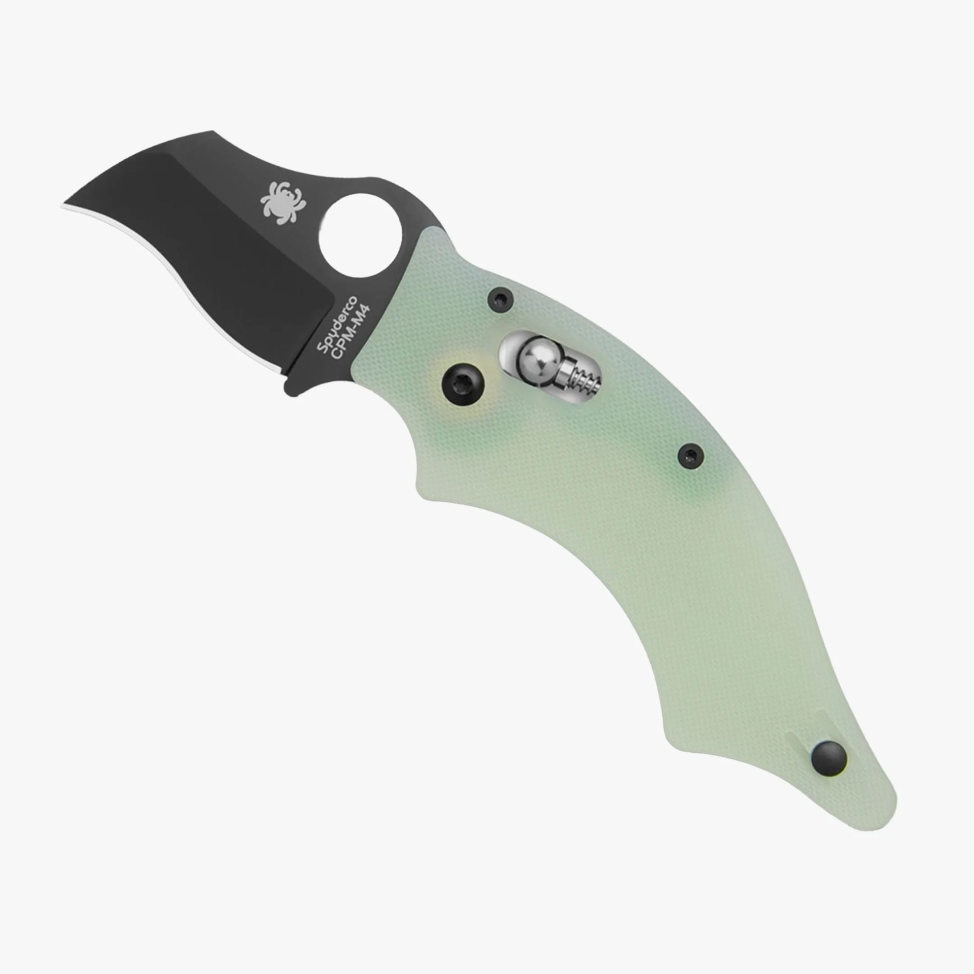 Compact folding knife with a curved, black blade marked "Spyderco CPM-M4" and a circular hole near the base. The handle is light green with a textured surface and features a visible metal locking mechanism and three black screws. The overall design is ergonomic with finger grooves for grip.