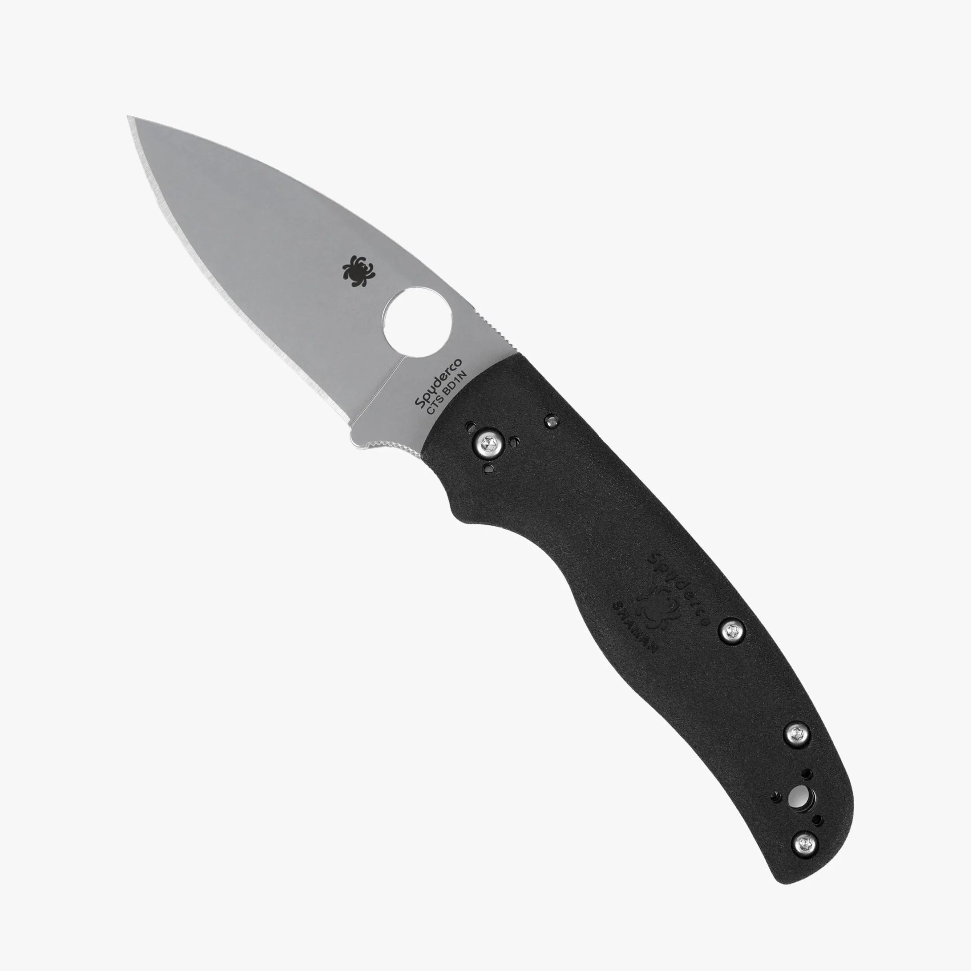Folding knife with a stainless steel blade and a black textured handle. The blade features a round hole near the base and has the Spyderco logo and "Spyderco CTS BD1N" printed on it. The handle has ergonomic finger grooves and is secured with multiple screws.
