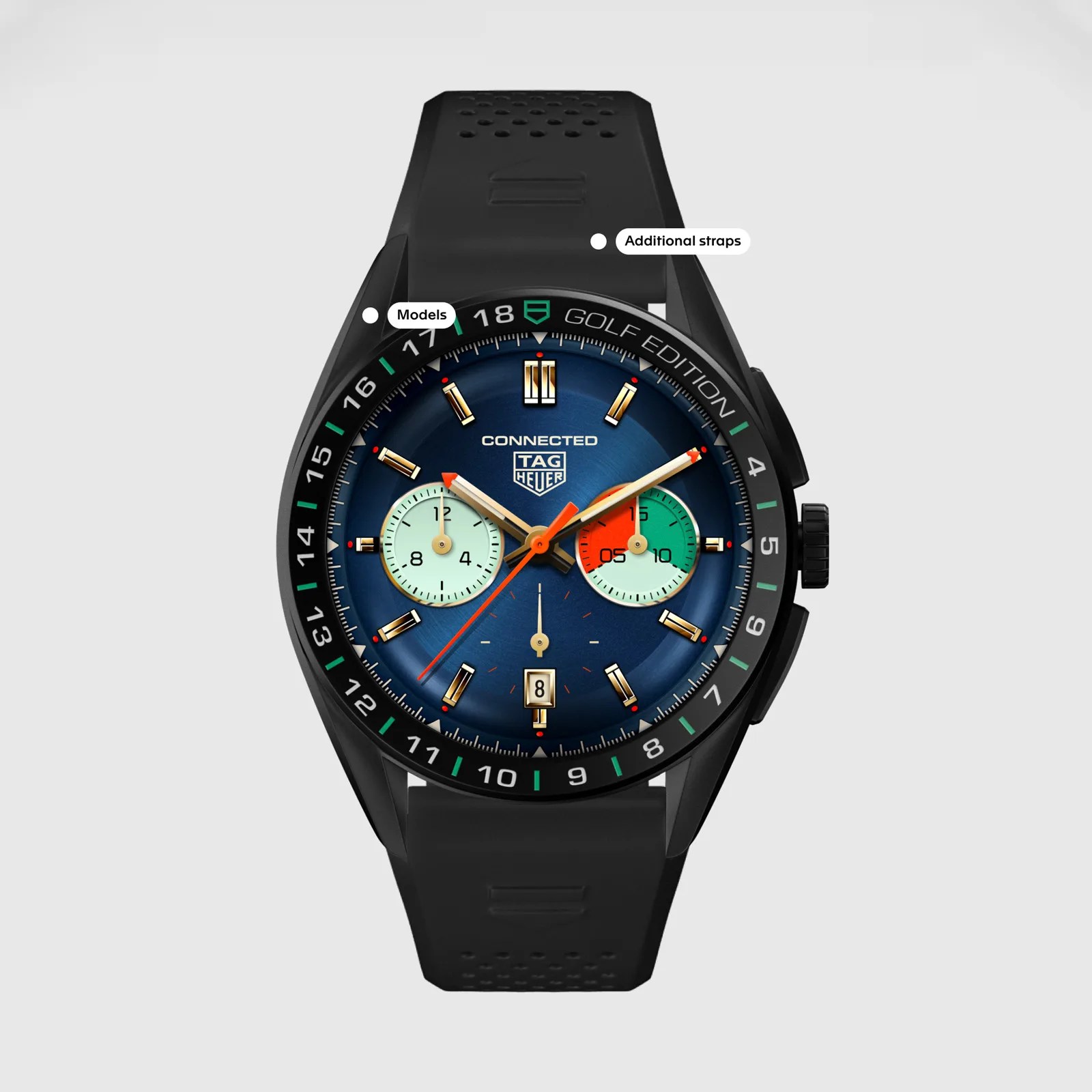 Black TAG Heuer Connected Golf Edition smartwatch with a blue dial featuring two subdials in light green and orange, gold-tone hour markers and hands, a date window at 6 o'clock, and a black perforated rubber strap. The bezel is marked with numbers and the text "GOLF EDITION.
