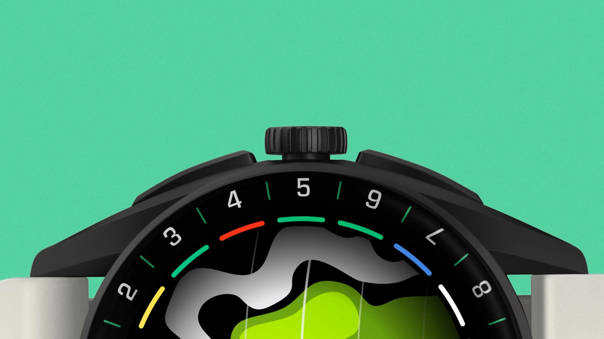Close-up of the top half of a black smartwatch with a round face, featuring a textured crown in the center and two buttons on either side. The watch face displays a colorful, abstract design with numbers 2, 3, 4, 5, 8, 9, and L around the edge, along with colored segments in yellow, red, green, blue, and white. The background is a solid teal color.