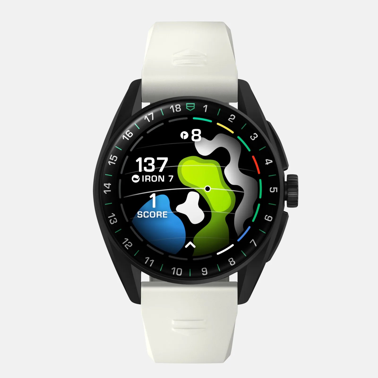 Smartwatch with a black round face and white strap, displaying a golf course map with distance (137 yards), club type (Iron 7), hole number (8), and score (1). The bezel features numbers 1 to 18, likely representing golf holes.