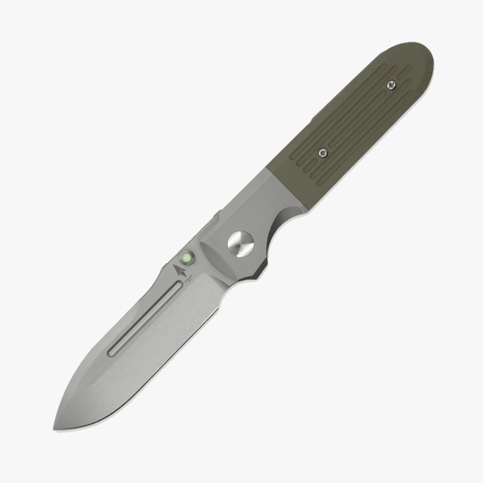 Folding knife with a matte silver blade and an olive green handle featuring textured grooves and two screws. The blade has a fuller groove and a small circular thumb stud near the base for opening.