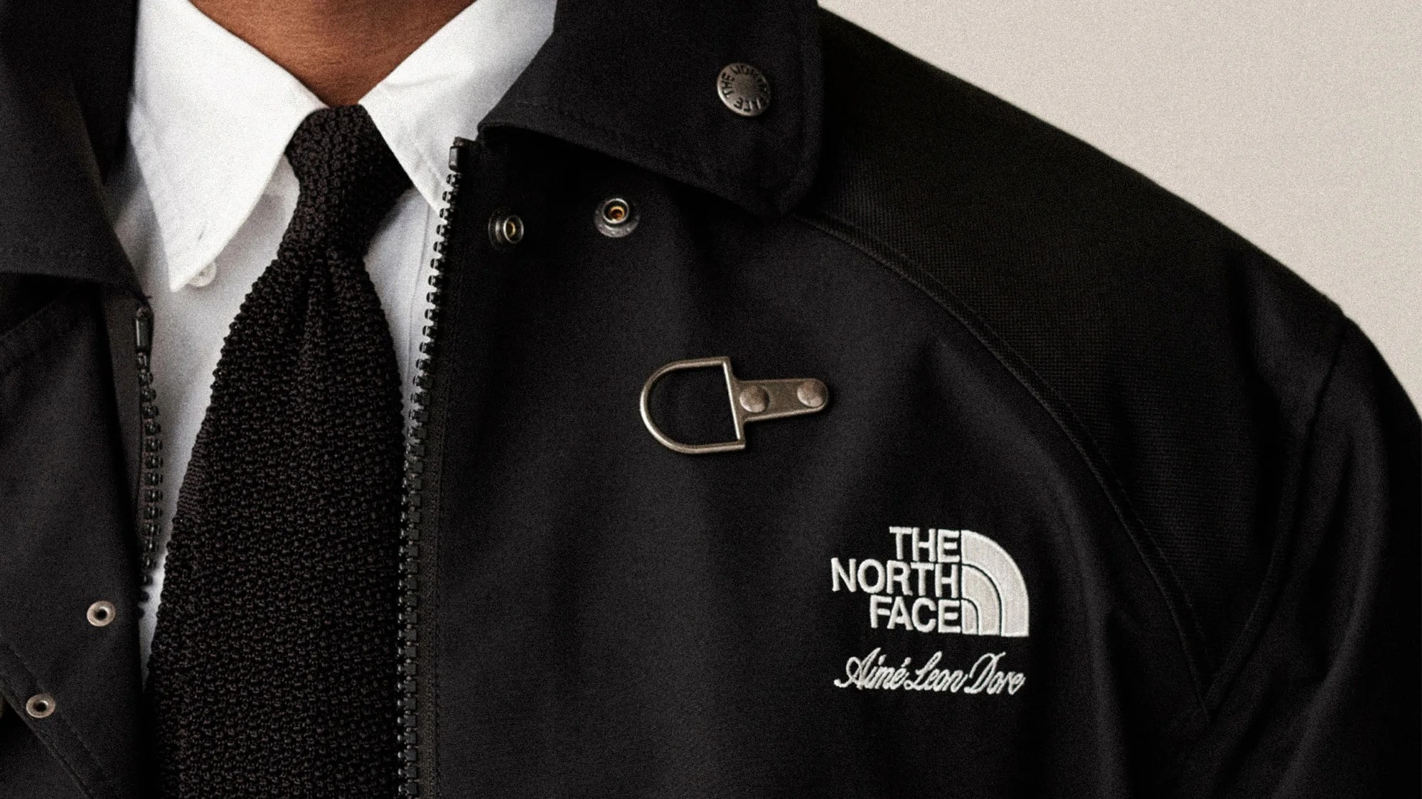 The North Face x Aimé Leon Dore jacket closeup on model wearing white dress shirt and woven tie.