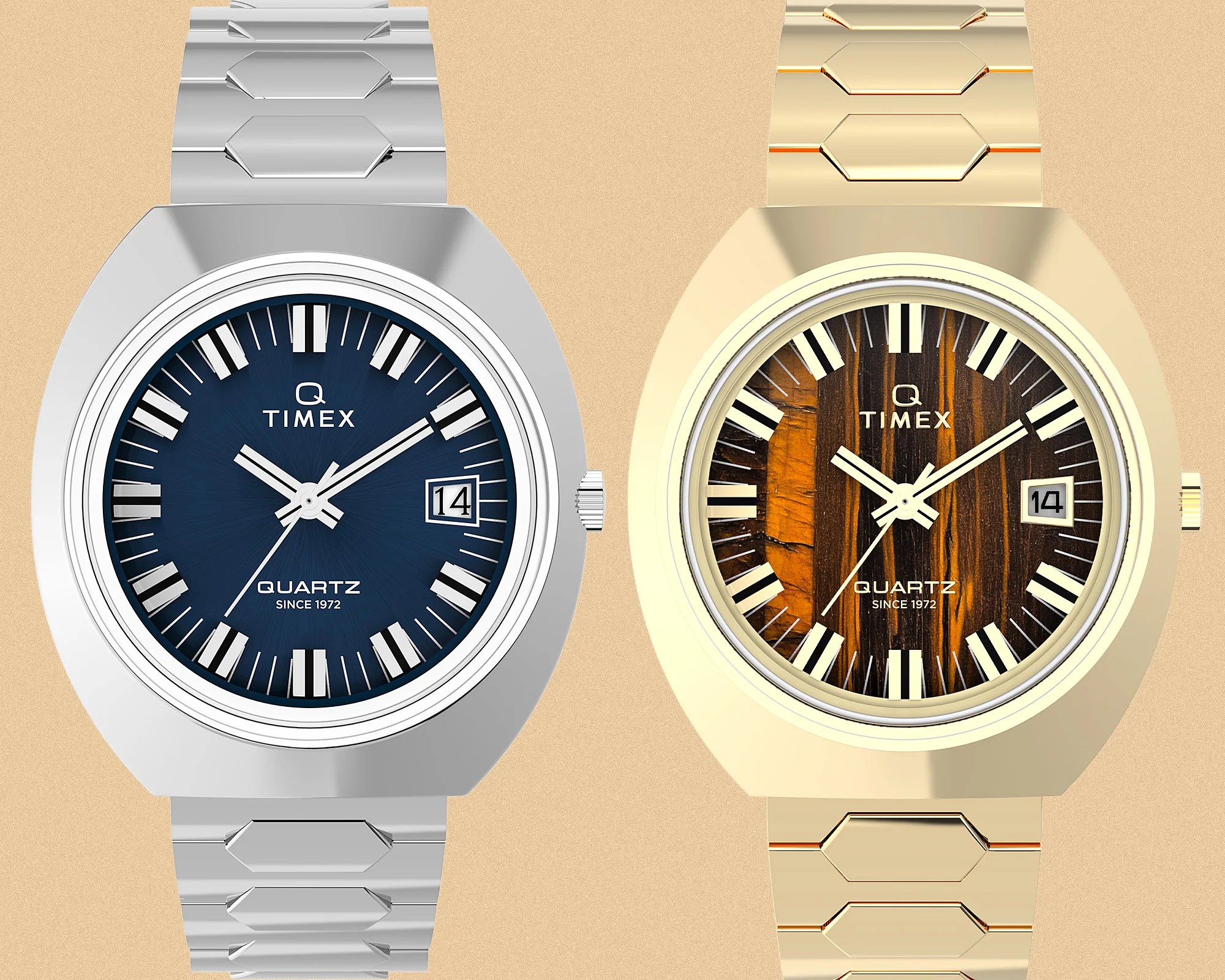 Two Timex wristwatches are shown side by side. The left watch has a silver metal band and case with a dark blue dial featuring white hour markers and hands, and a date window at the 3 o'clock position. The right watch has a gold metal band and case with a wood-textured brown dial, white hour markers and hands, and a date window at the 3 o'clock position. Both watches display "Q TIMEX," "QUARTZ," and "SINCE 1972" on their dials.