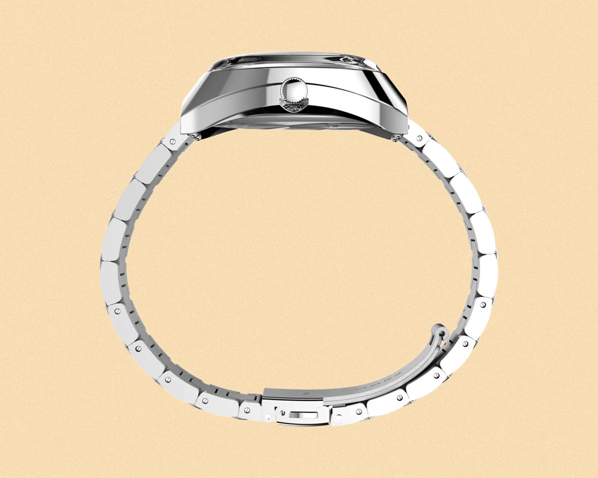 Silver metal wristwatch shown from the side with a closed clasp and a smooth, polished finish on the case and band links. The crown is visible on the right side of the watch case. The background is a light beige color.